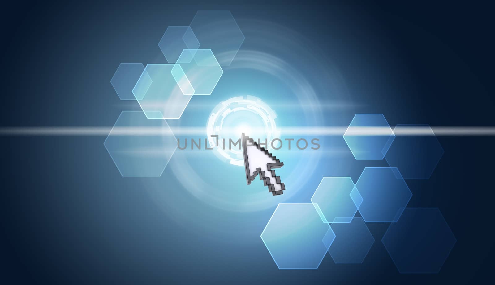 Cursor clicking on virtual blue screen on abstract background