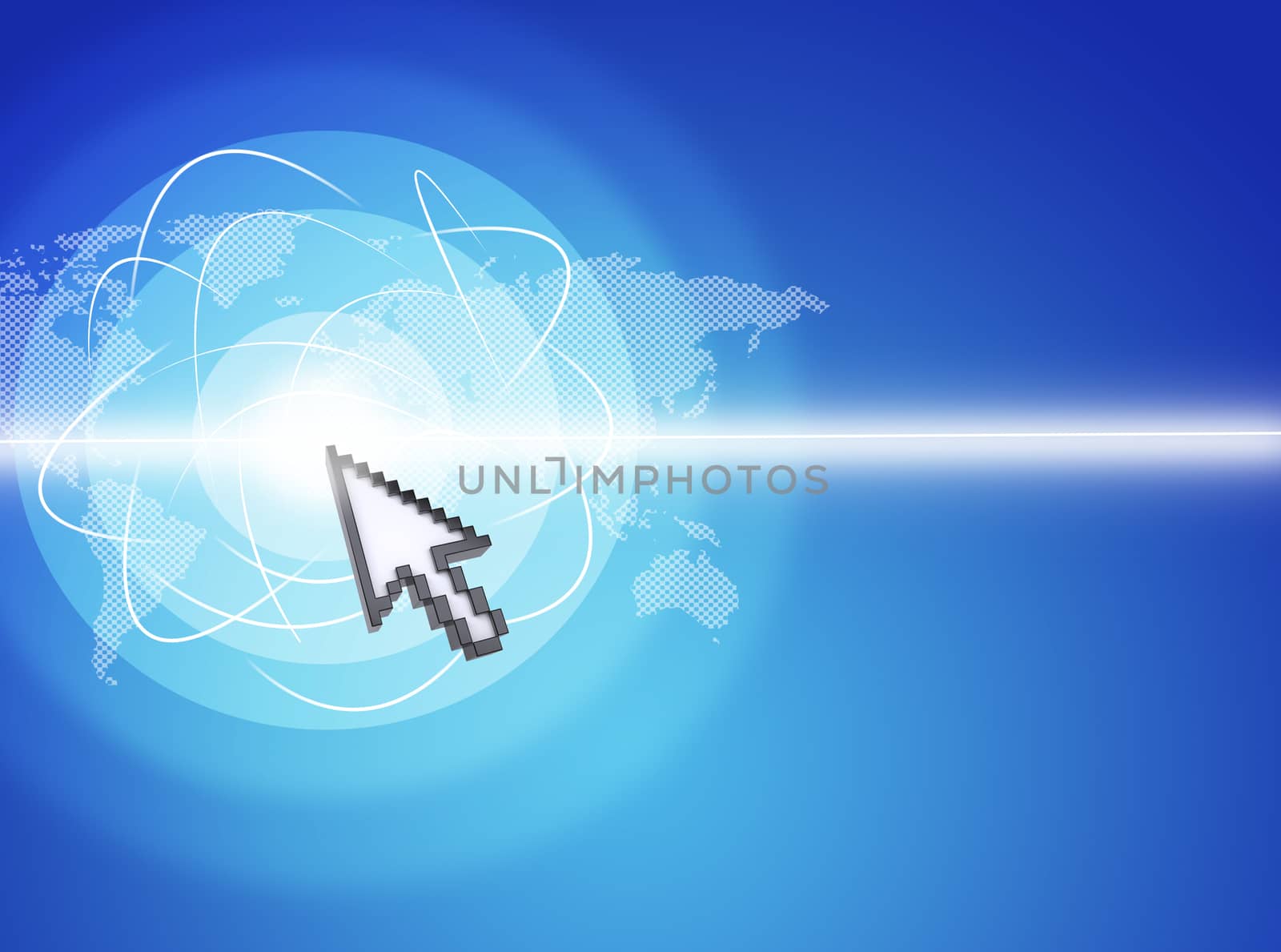 Cursor pressing on virtual blue screen on abstract background with world map and big spotlight