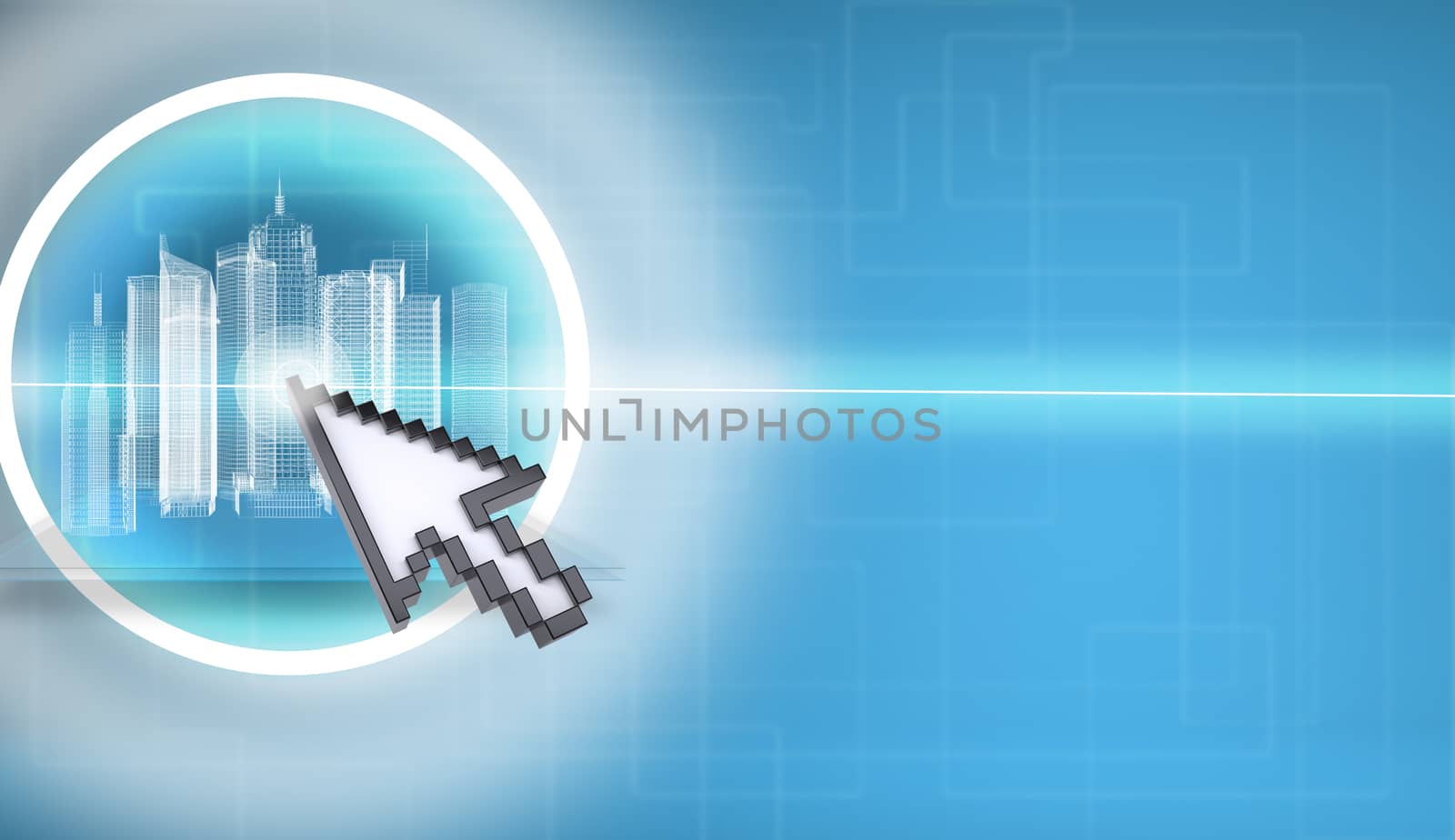 Cursor pressing on virtual city model on abstract green background