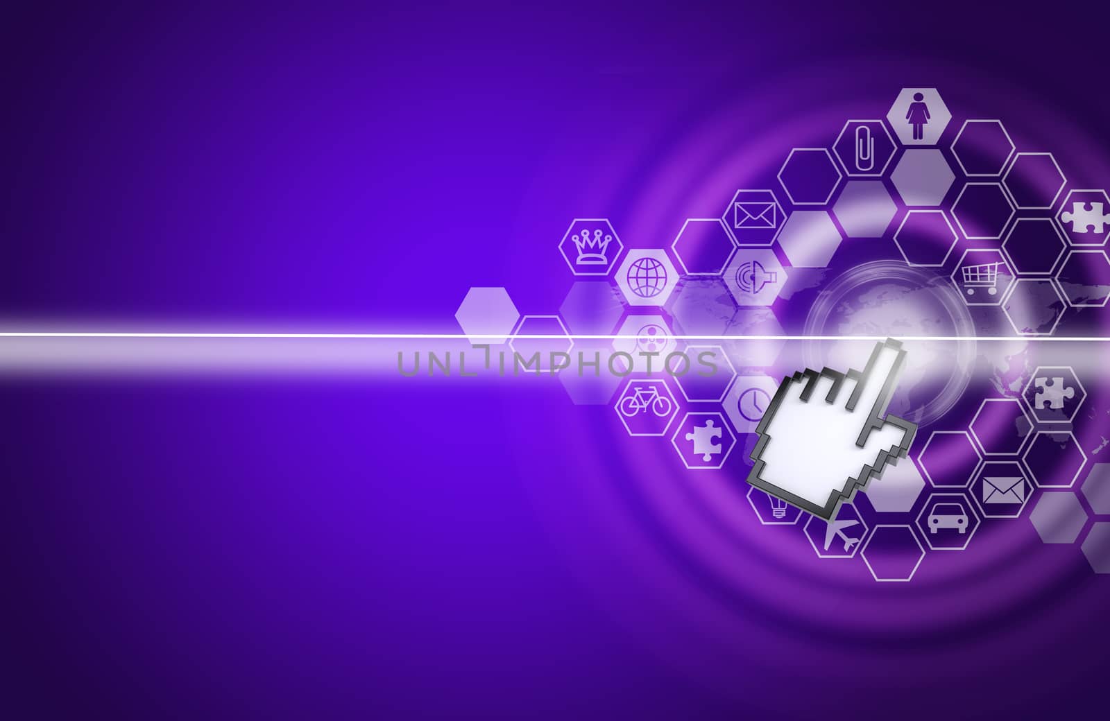 Cursor clicking on virtual purple screen on abstract background with signs