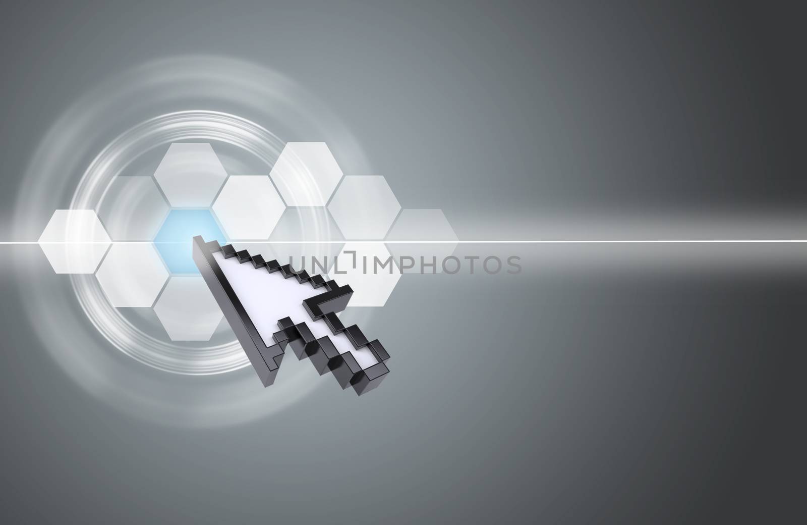 Cursor pressing on virtual grey screen on abstract background 