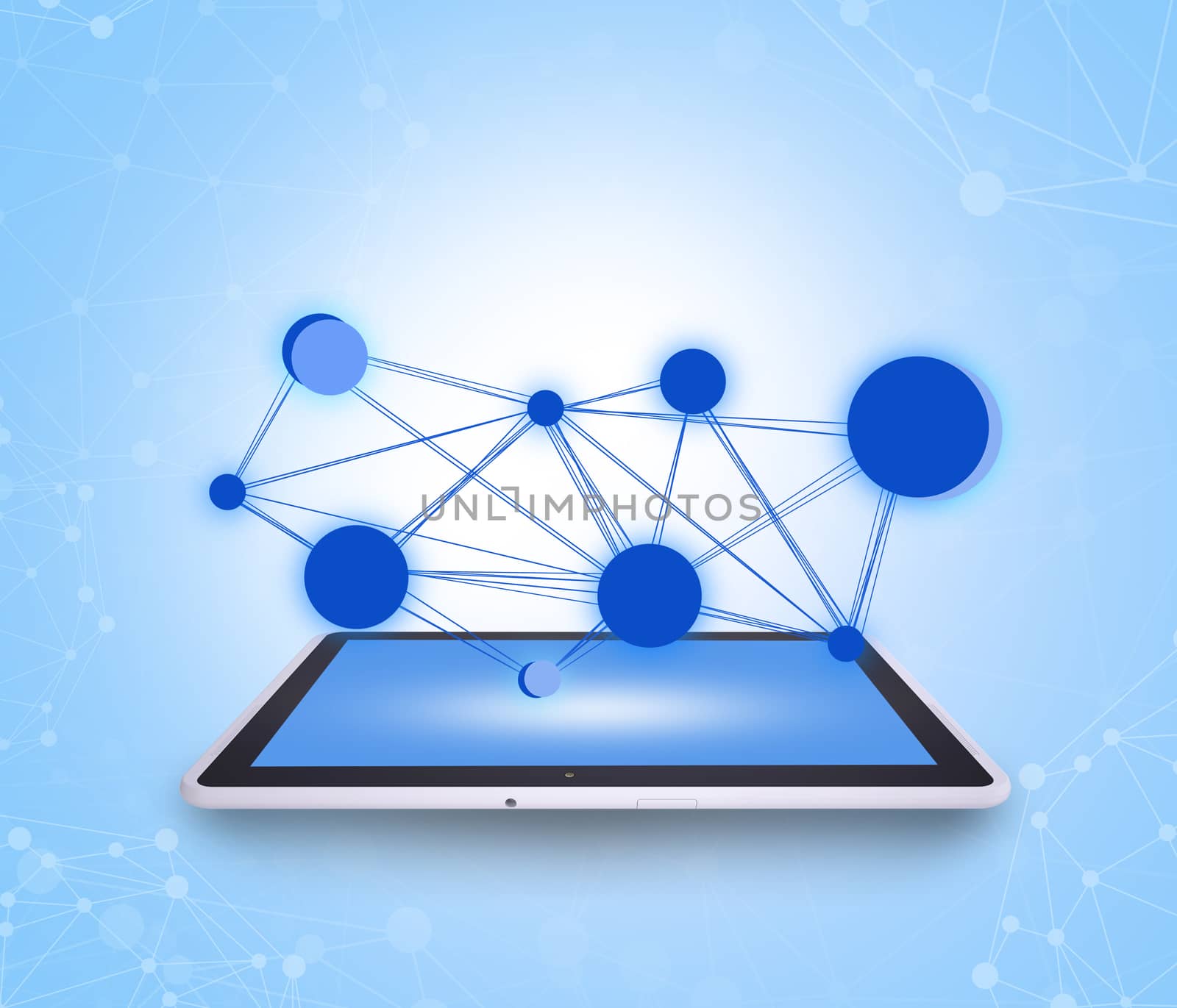Tablet on abstract blue background with circles and molecules