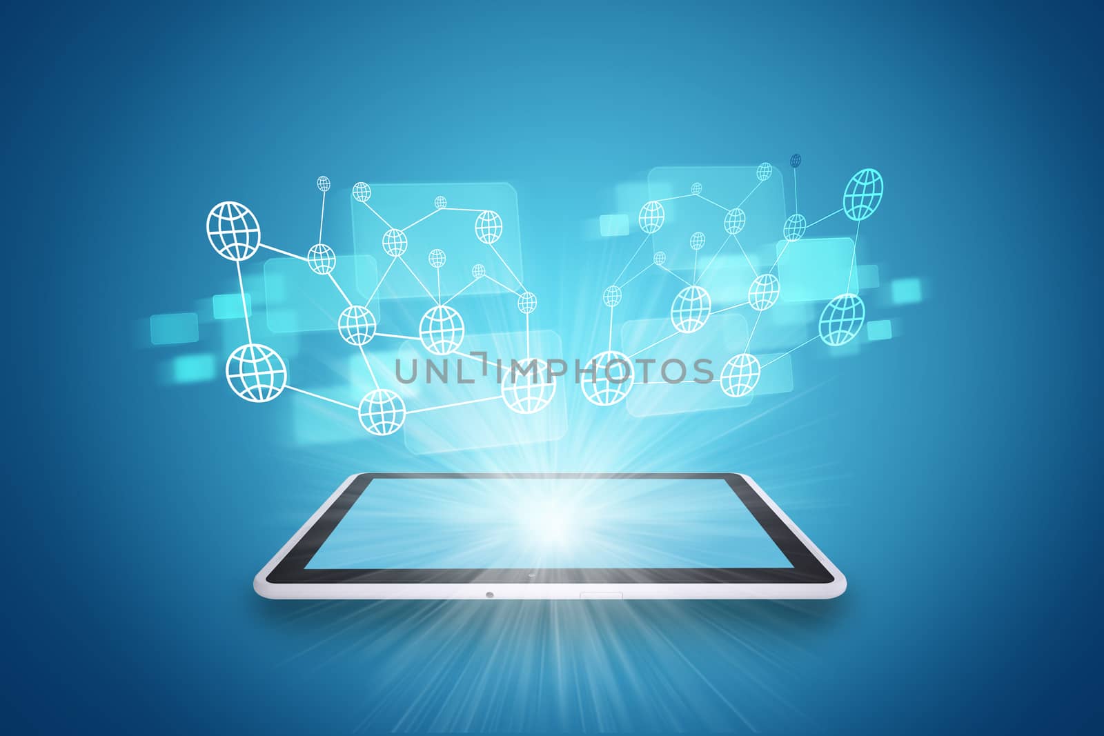 Tablet on abstract blue background with spotlight by cherezoff