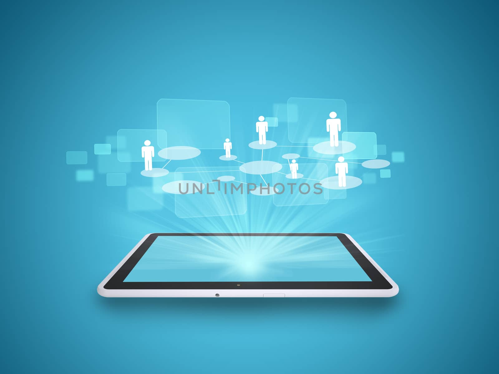 Tablet on abstract blue background with circles and people symbols