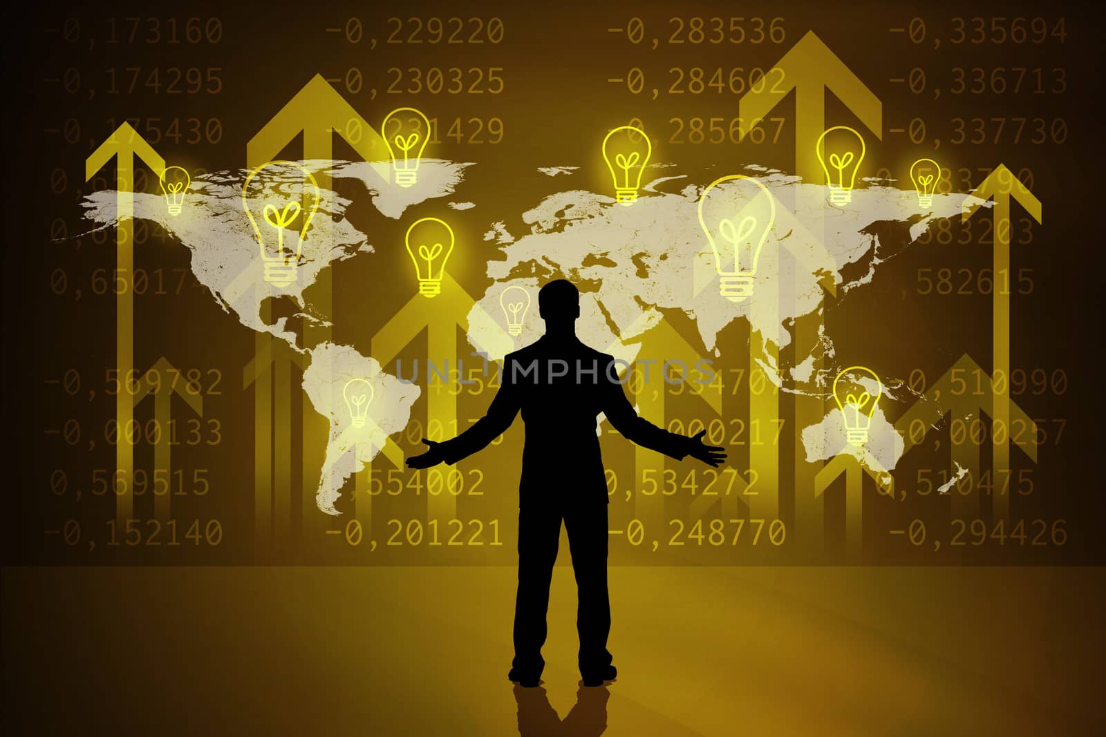 Surprised businessmans silhouette on abstract yellow background with world map