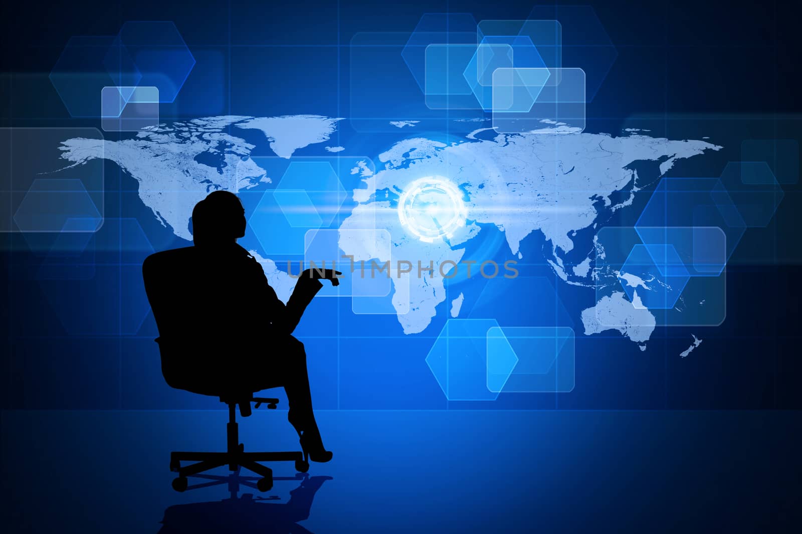 Businesswoman in chair with world map by cherezoff