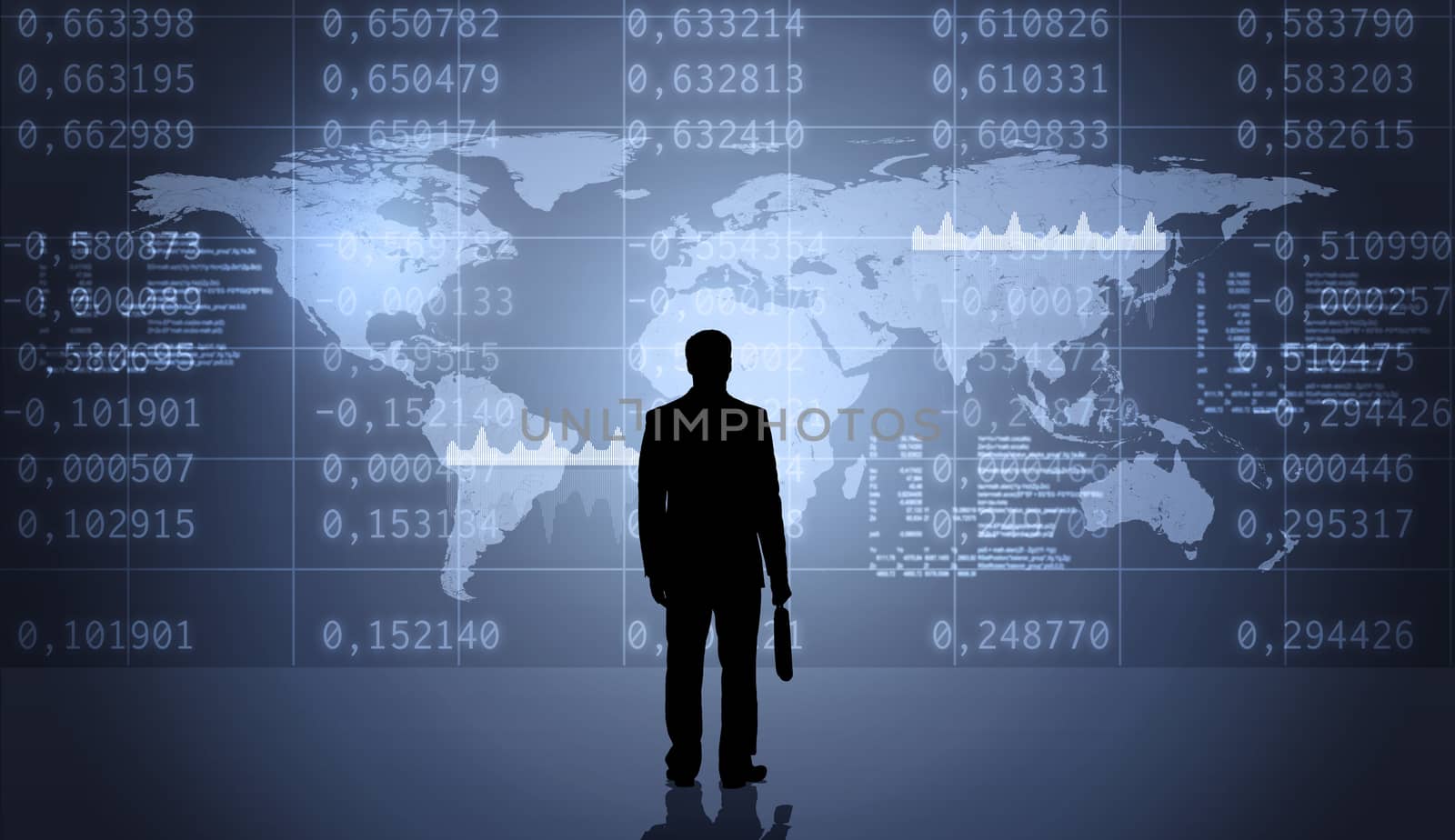 Businessmans silhouette with suitcase on abstract background with world map