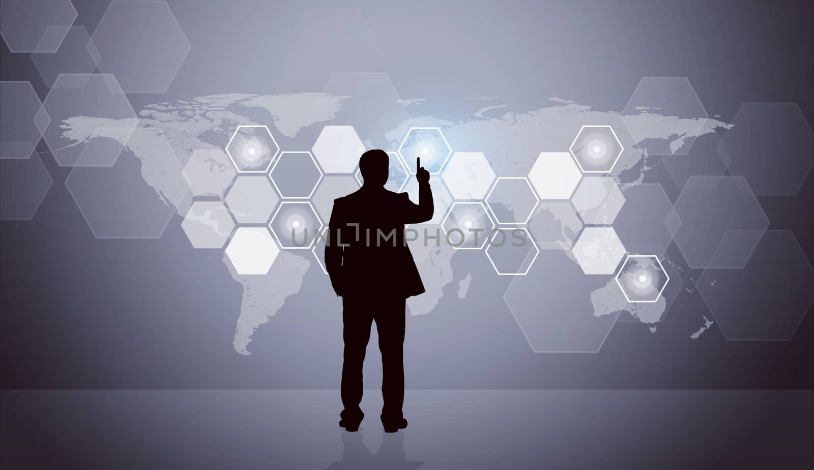 Businessmans silhouette with virtual screen on abstract background with world map