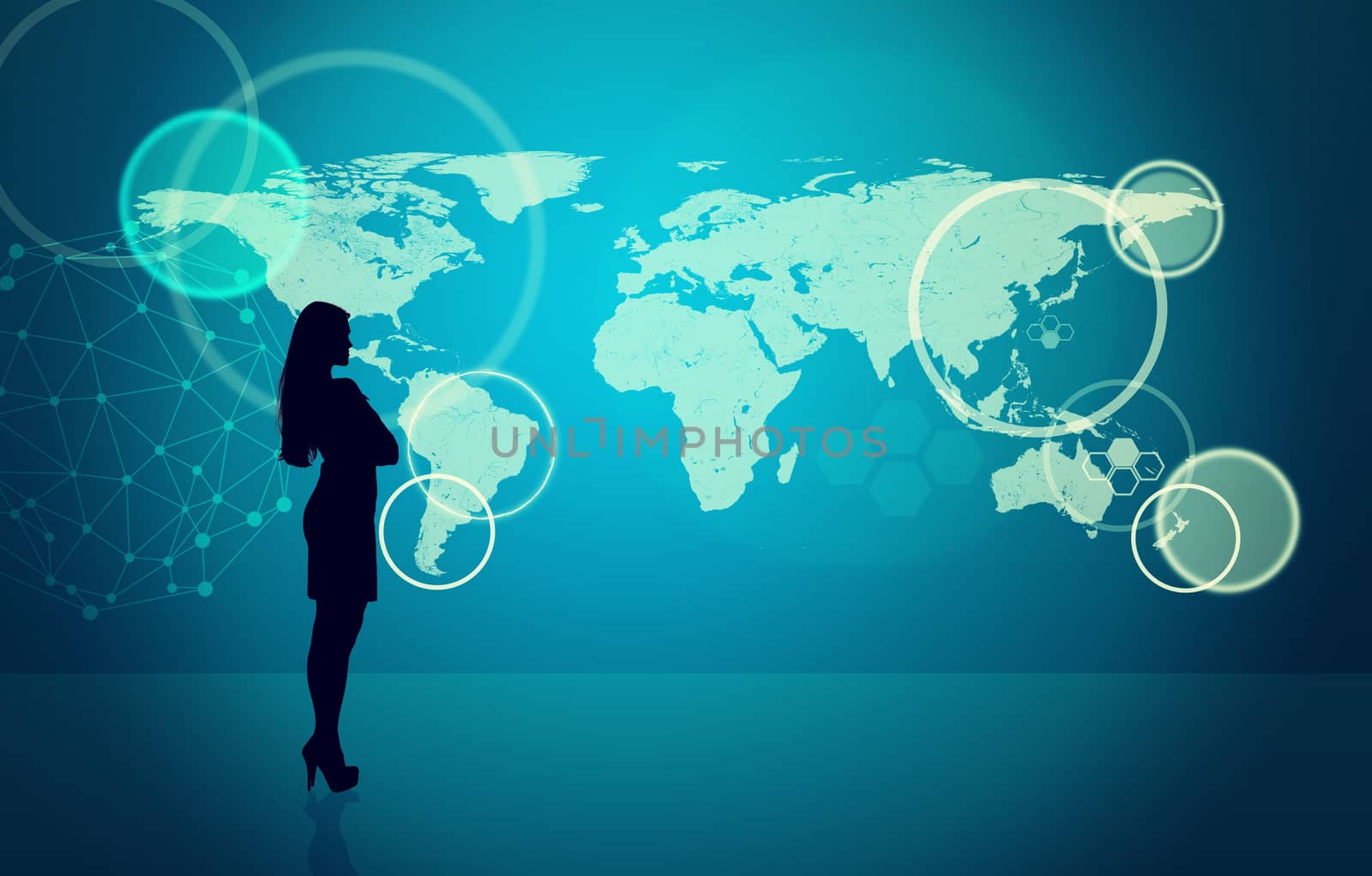 Businesswomans silhouette on abstract blue background with world map