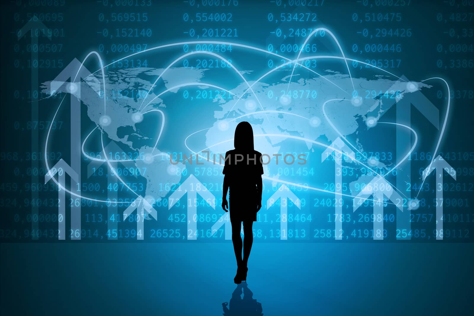 Businesswomans silhouette on abstract blue background with world map
