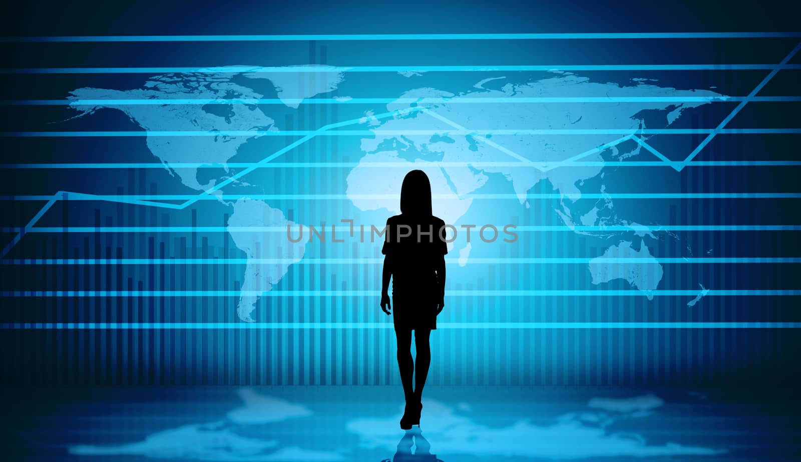 Businesswomans silhouette with virtual map by cherezoff