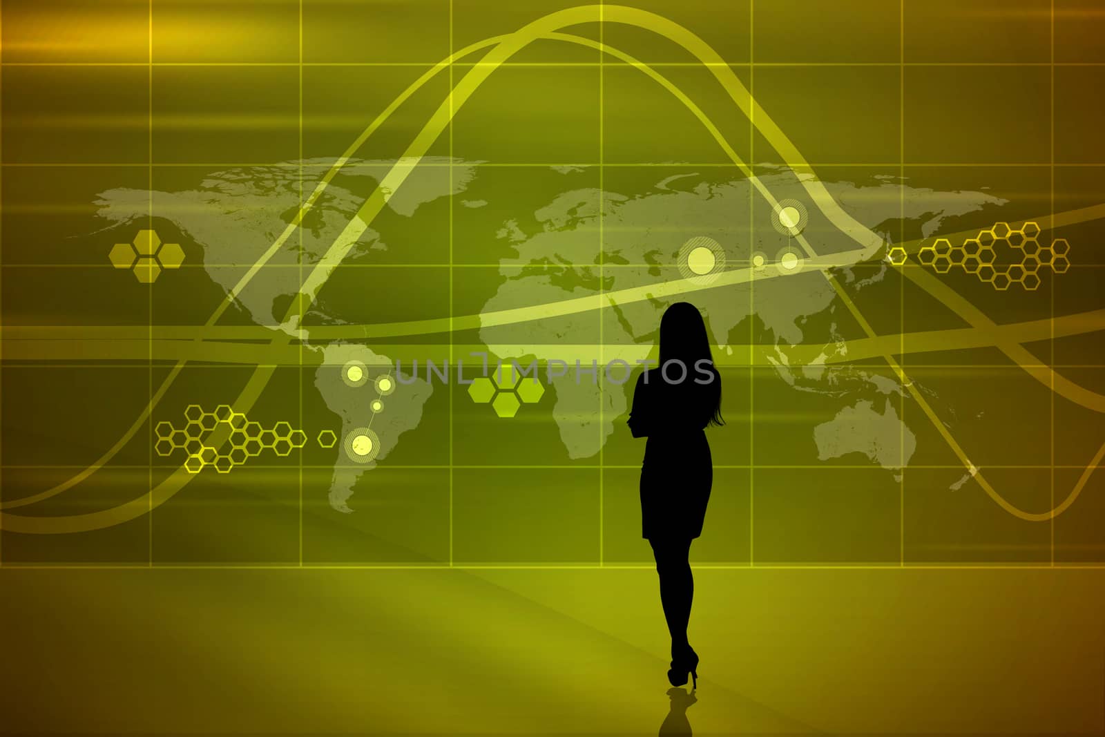 Businesswomans silhouette on abstract yellow background with waves