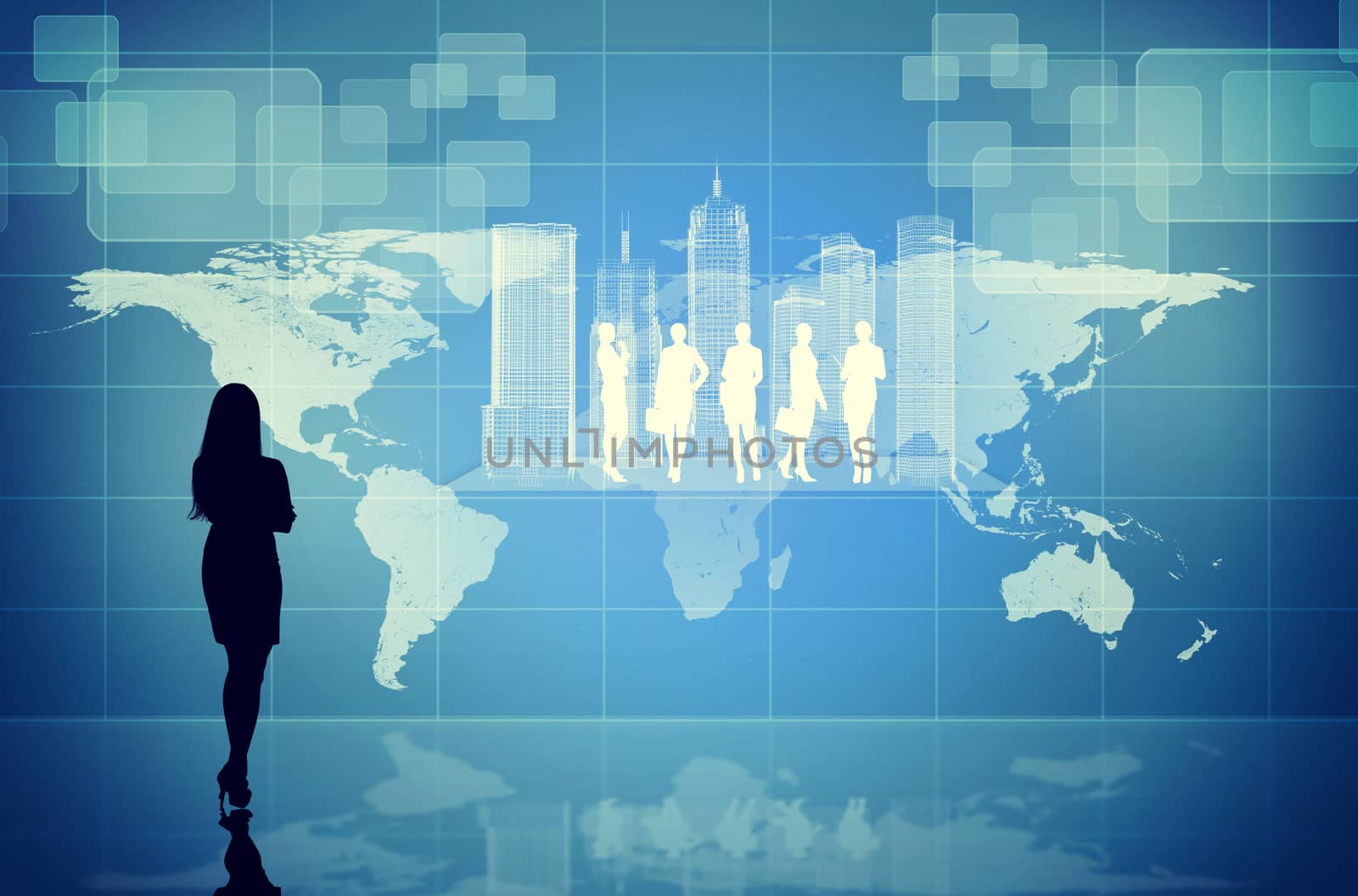 Businesswomans silhouette with virtual city by cherezoff