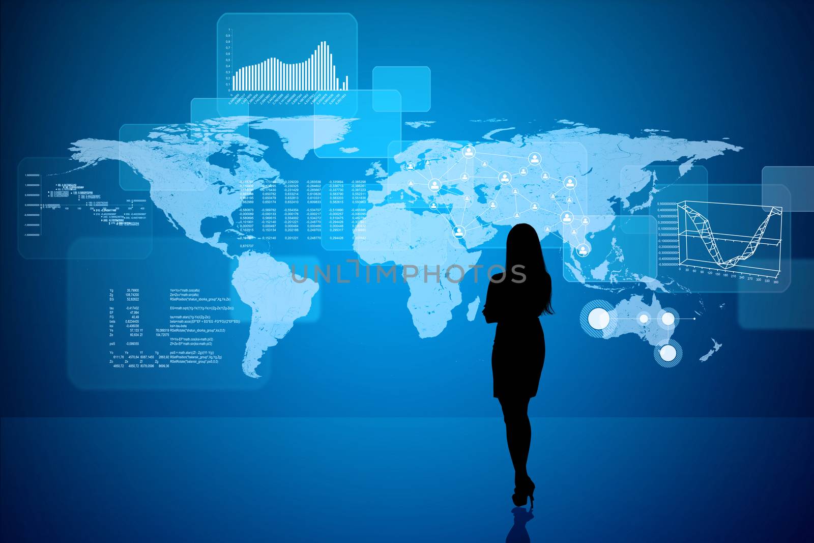 Businesswomans silhouette on abstract blue background with numbers