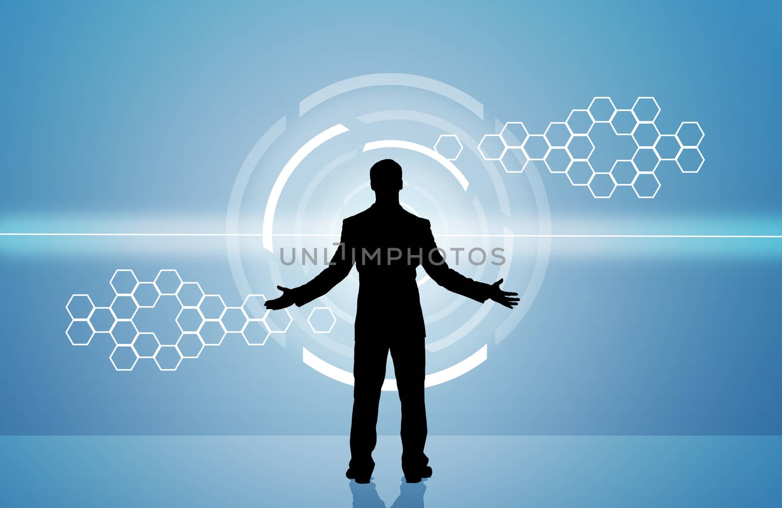 Surprised businessmans silhouette on abstract blue background with circles