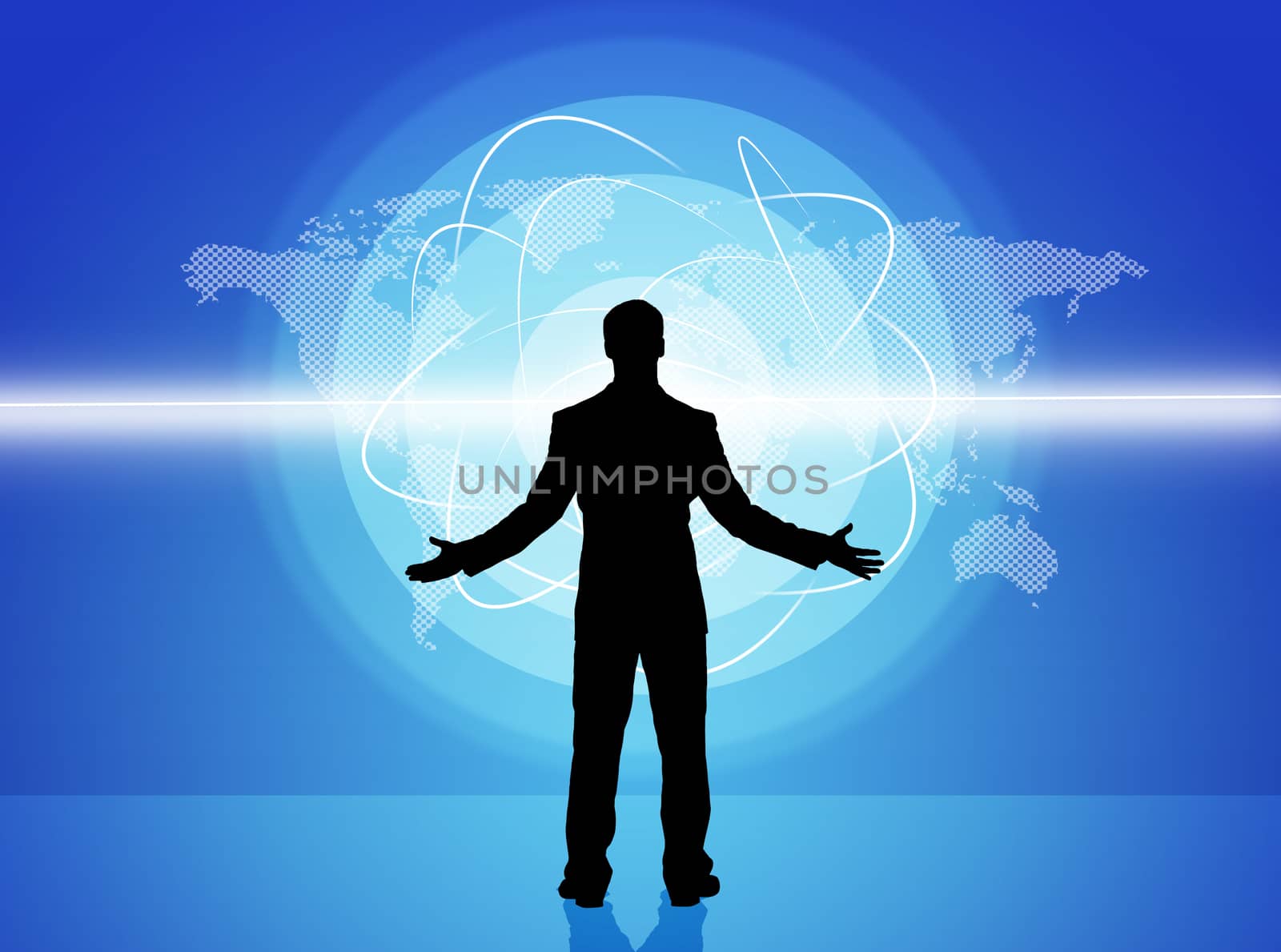 Surprised businessmans silhouette on abstract blue background with world map