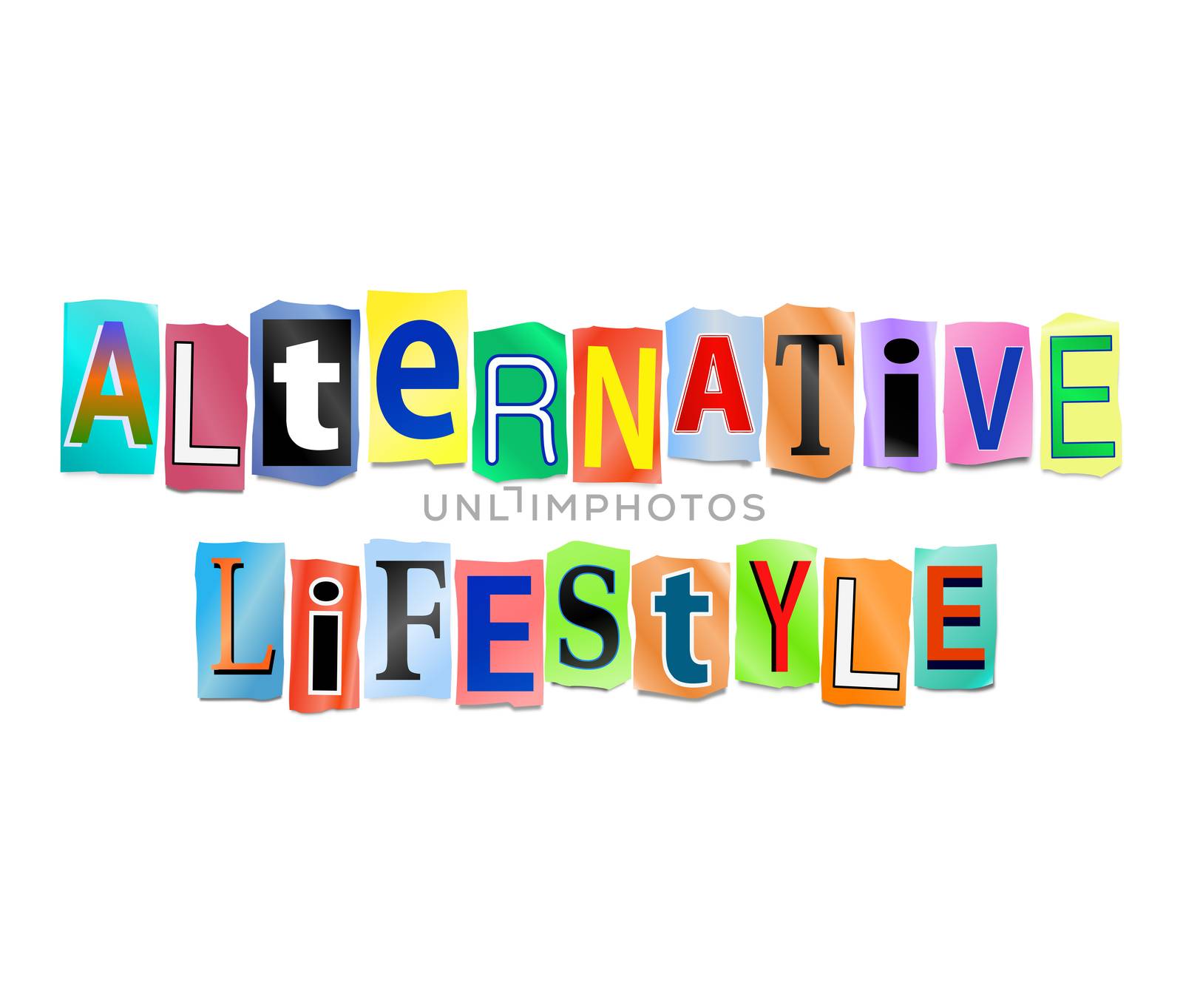 Illustration depicting a set of cut out printed letters arranged to form the words alternative lifestyle.