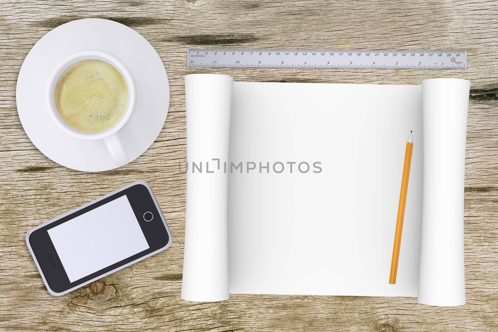 Smartphone, pencil with ruler on office table