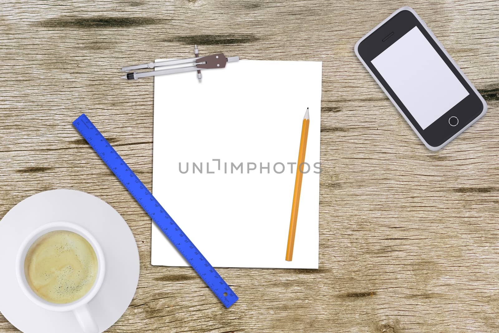 Paper with divider and smartphone on wooden table