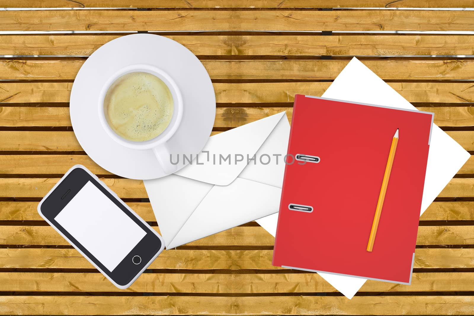 Smartphone, pencil with cup of coffee on office table