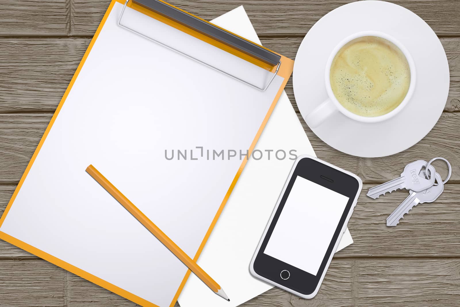 Notebook, pencil with smartphone and keys on office table