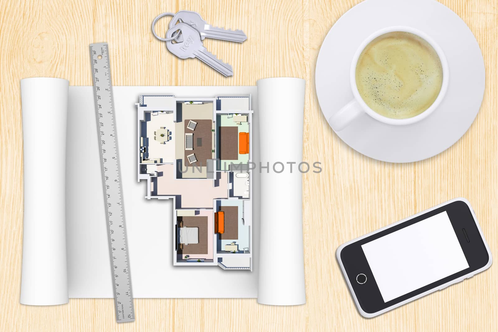 Model plan of flat with smartphone on wooden table with coffee