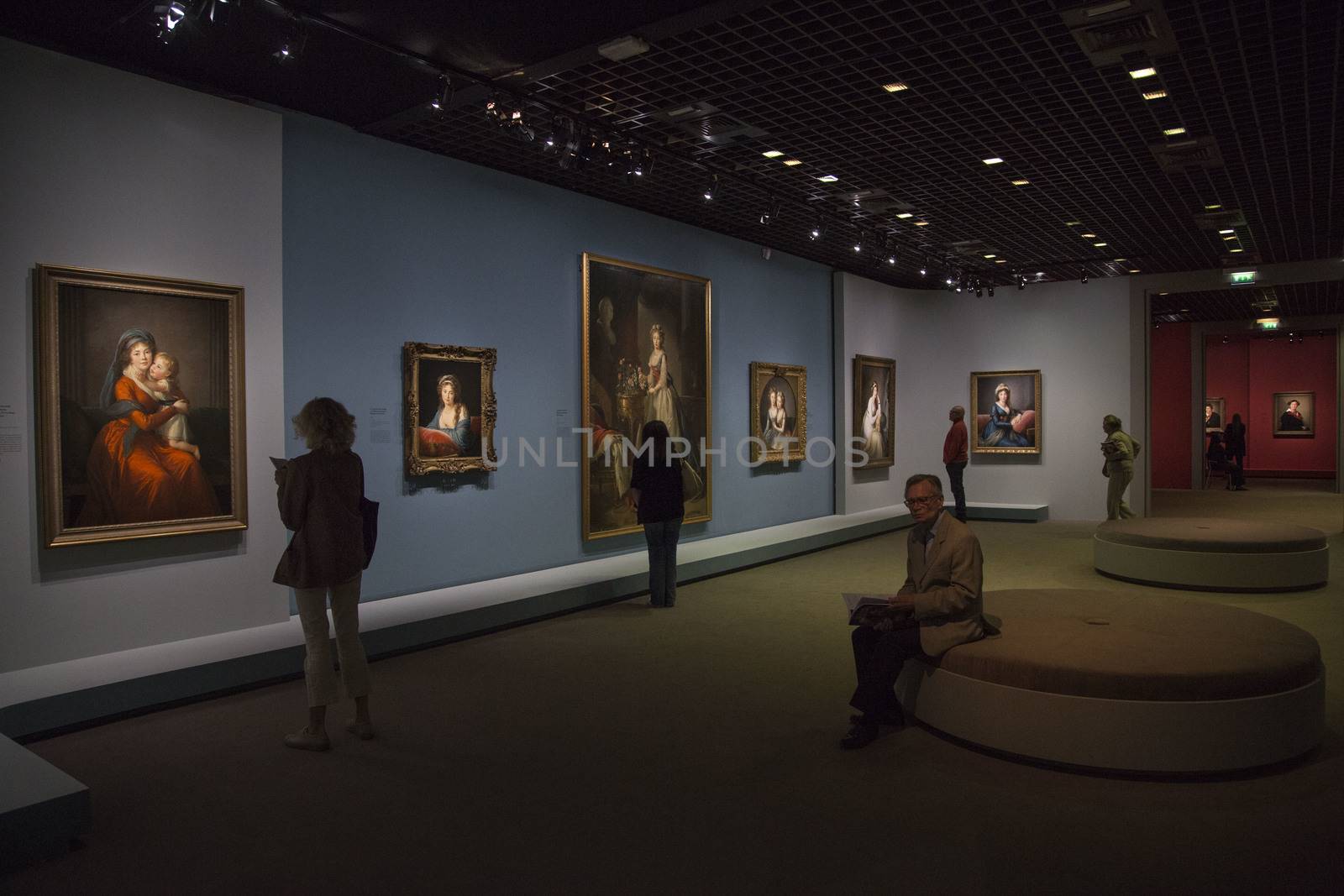 FRANCE, Paris: Some visitors make a tour in the first exhibition of �lisabeth Louise Vig�e Le Brun in France in Le Grand Palais, in Paris on September 21, 2015. �lisabeth Louise Vig�e Le Brun (1755-1842) is one of the greater portrait painter of her time. She was chosen to paint the very famous queen of France Marie-Antoinette. 