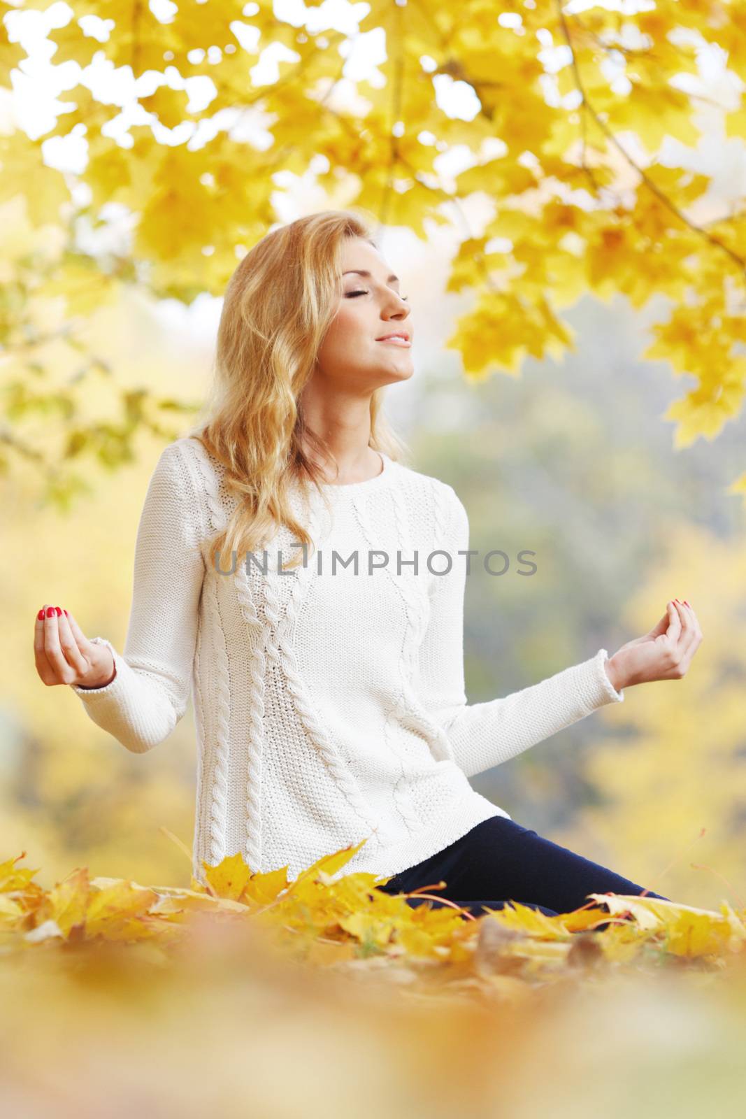 Pretty woman doing yoga exercises in autumn park