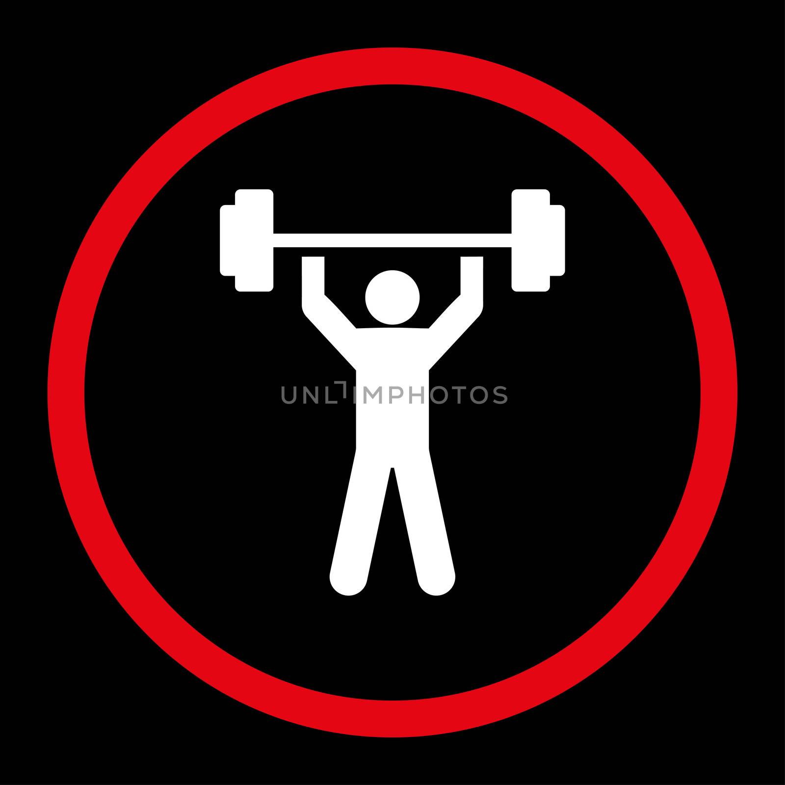 Power lifting icon. This rounded flat symbol is drawn with red and white colors on a black background.