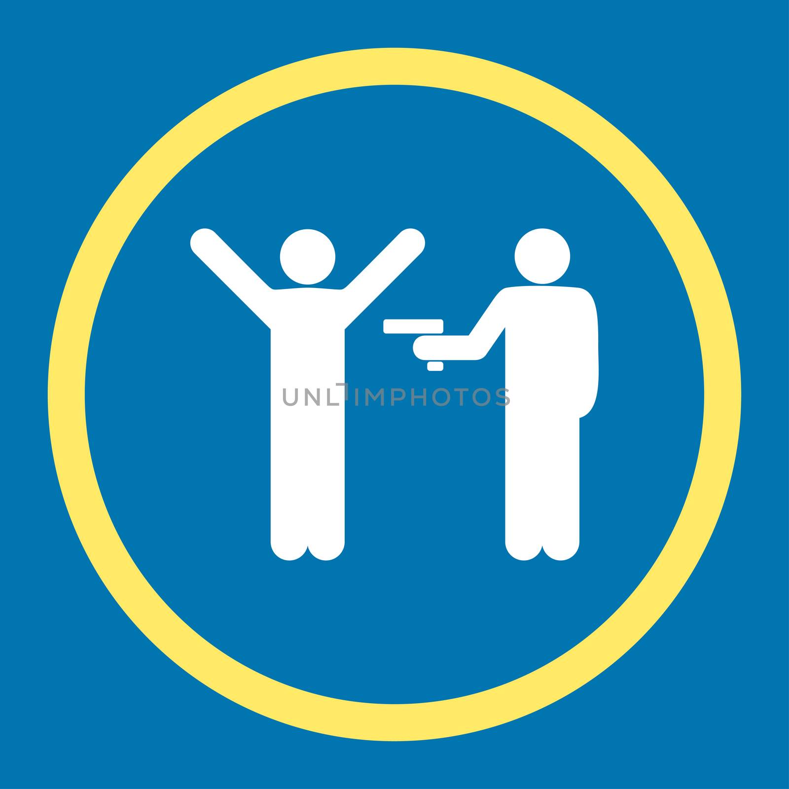 Crime icon. This rounded flat symbol is drawn with yellow and white colors on a blue background.