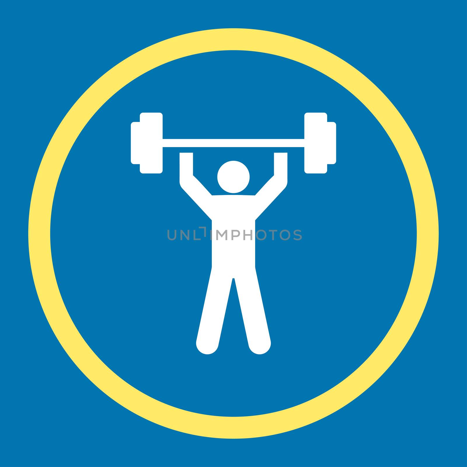 Power lifting icon. This rounded flat symbol is drawn with yellow and white colors on a blue background.