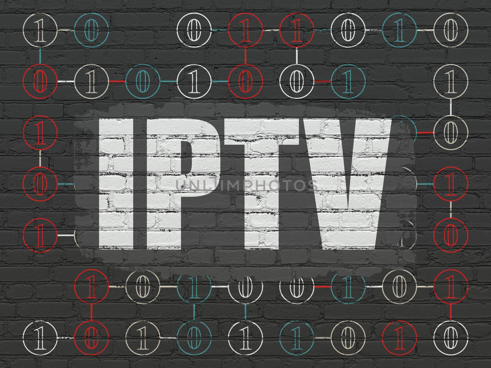 Web design concept: Painted white text IPTV on Black Brick wall background with Scheme Of Binary Code, 3d render