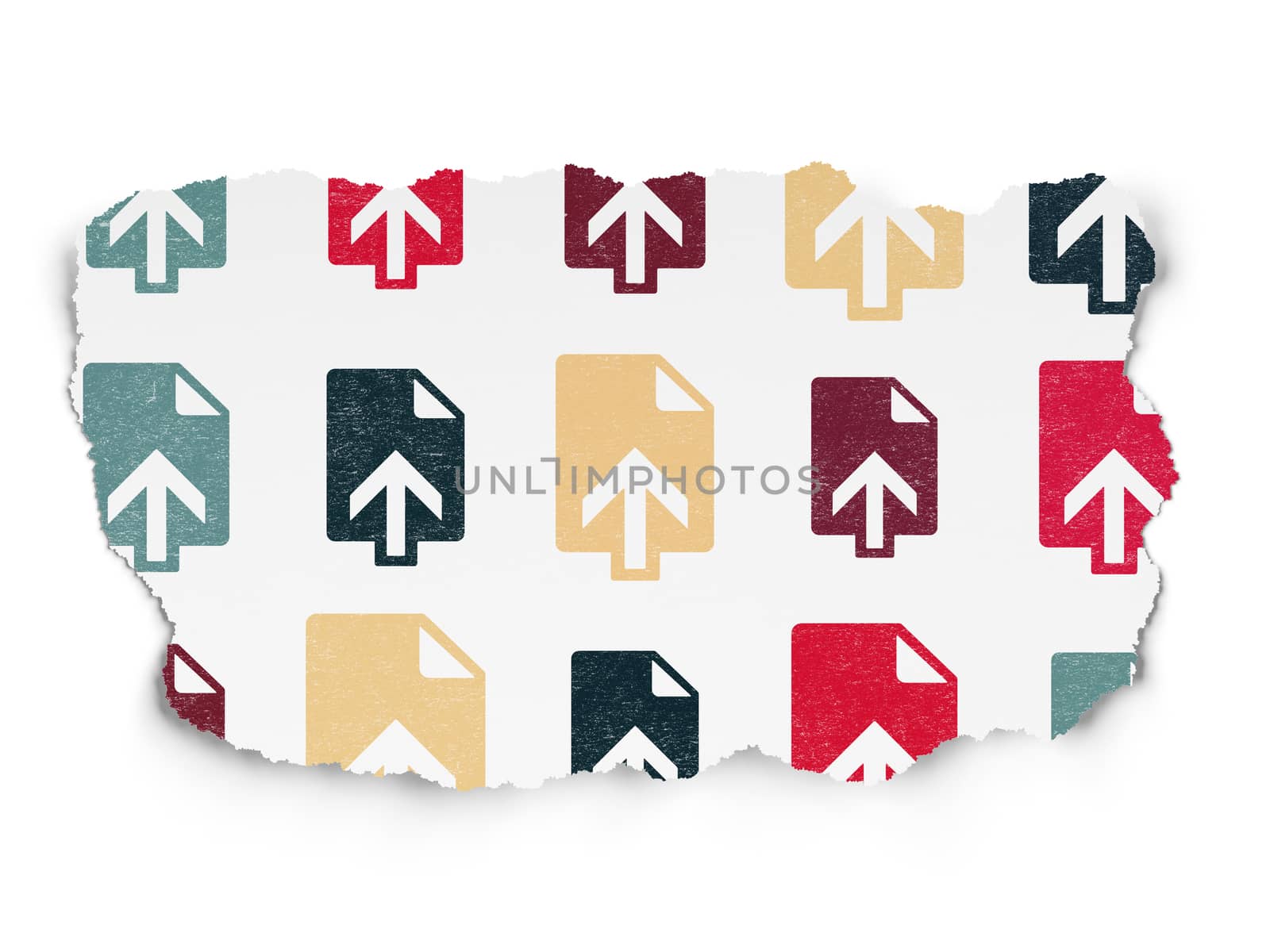 Web development concept: Painted multicolor Upload icons on Torn Paper background, 3d render
