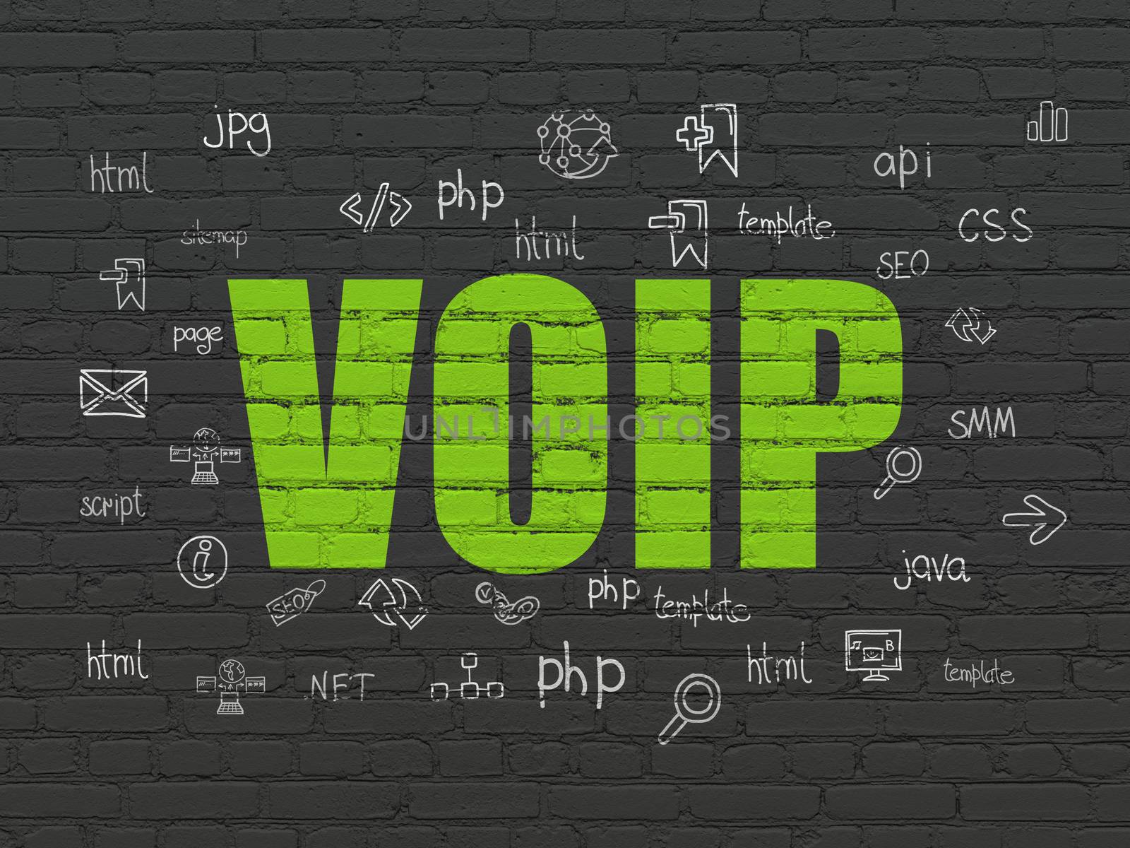 Web design concept: Painted green text VOIP on Black Brick wall background with  Hand Drawn Site Development Icons, 3d render