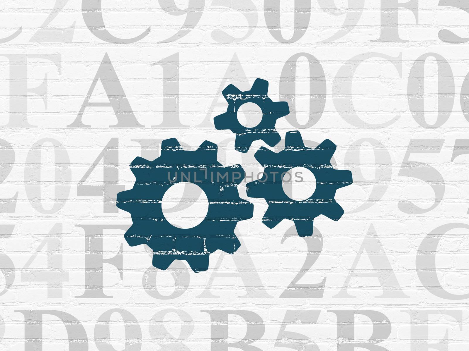Web development concept: Painted blue Gears icon on White Brick wall background with  Hexadecimal Code, 3d render
