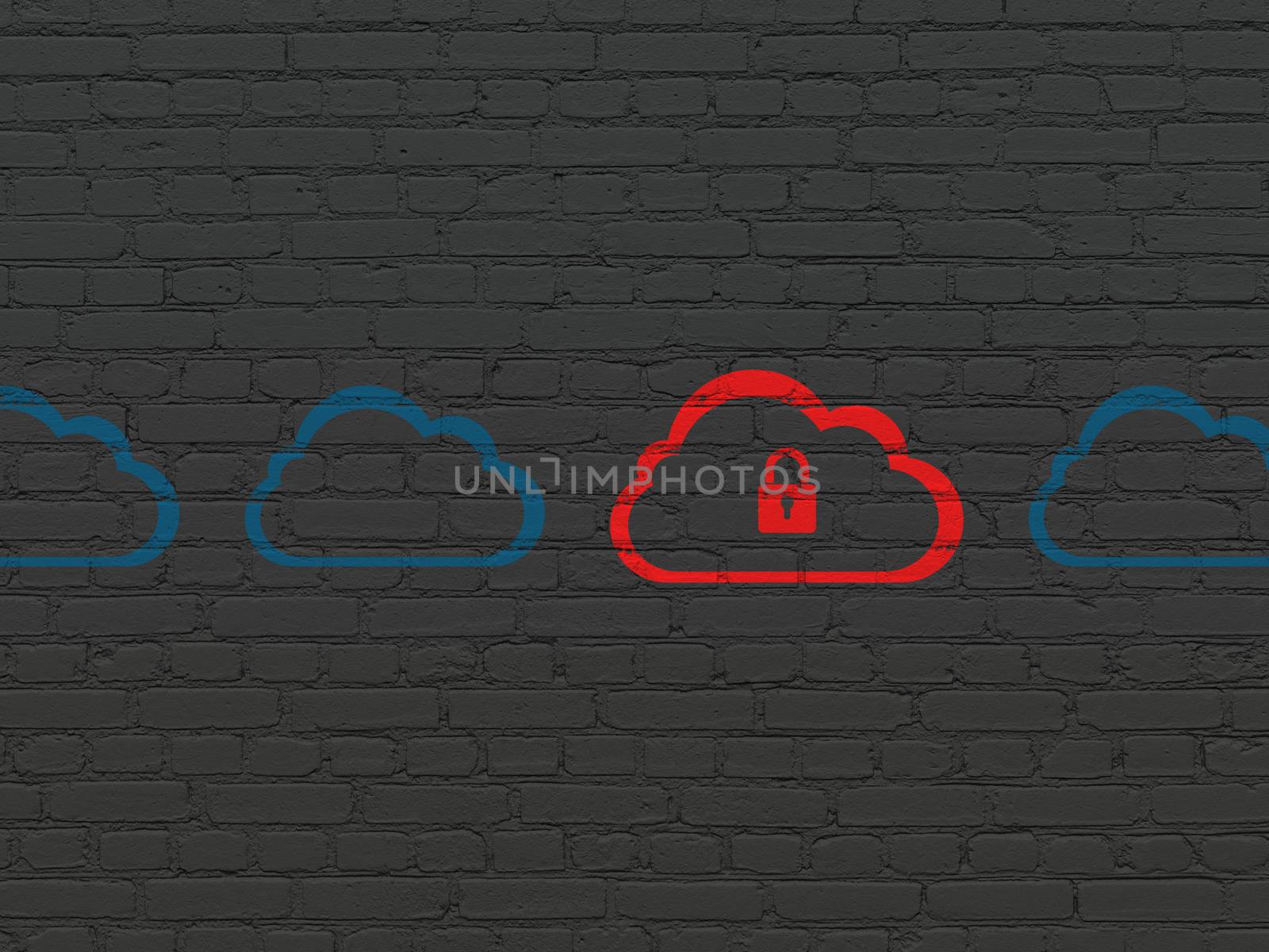 Cloud technology concept: cloud with padlock icon on wall background by maxkabakov