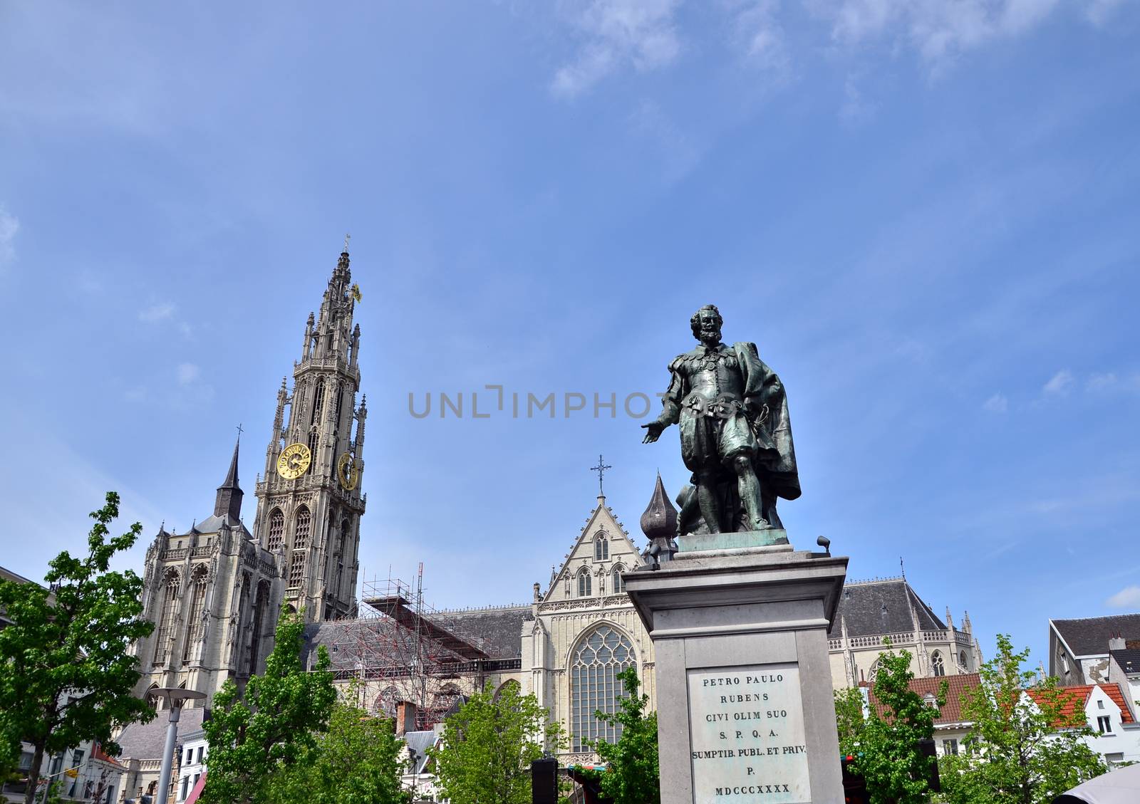 Statue of Rubens with Cathedral of Our Lady in Antwerp, Belgium. by siraanamwong