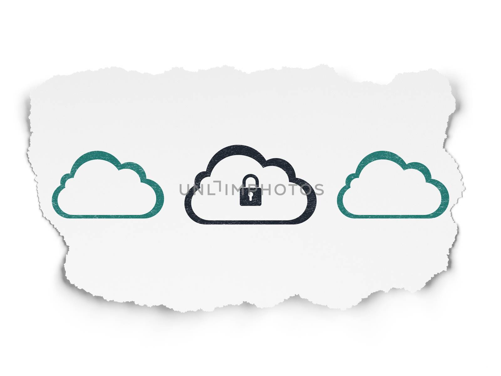 Cloud computing concept: cloud with padlock icon on Torn Paper background by maxkabakov