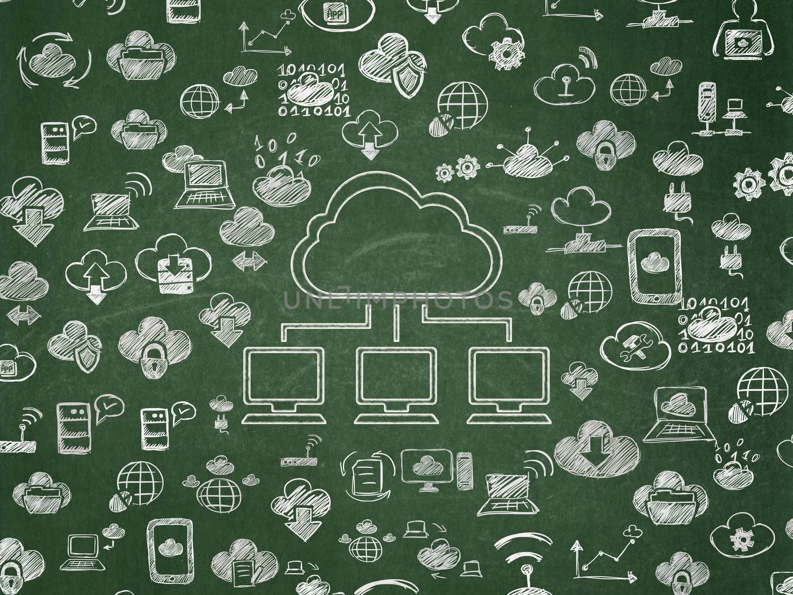 Cloud computing concept: Chalk White Cloud Network icon on School Board background with  Hand Drawn Cloud Technology Icons, 3d render