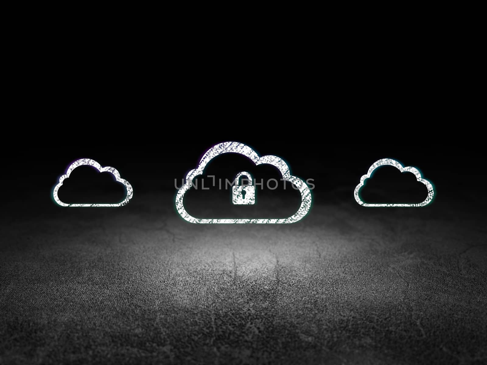 Cloud technology concept: cloud with padlock icon in grunge dark room by maxkabakov