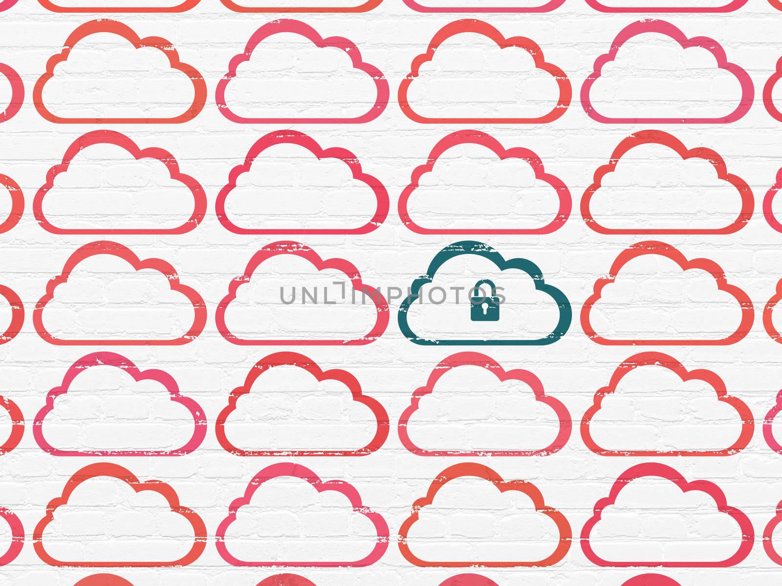 Cloud computing concept: rows of Painted red cloud icons around blue cloud with padlock icon on White Brick wall background, 3d render