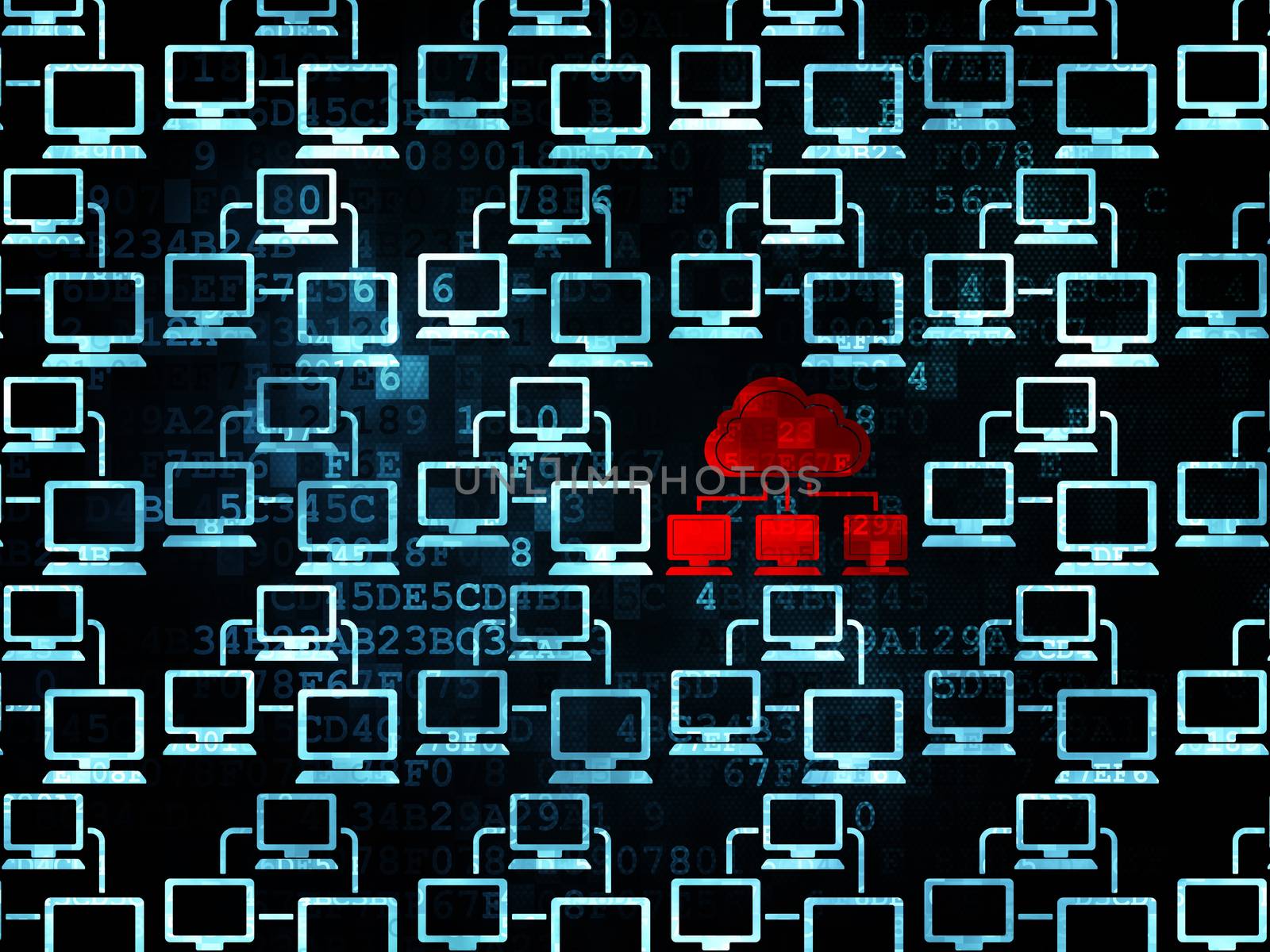 Cloud computing concept: rows of Pixelated blue lan computer network icons around red cloud network icon on Digital background, 3d render