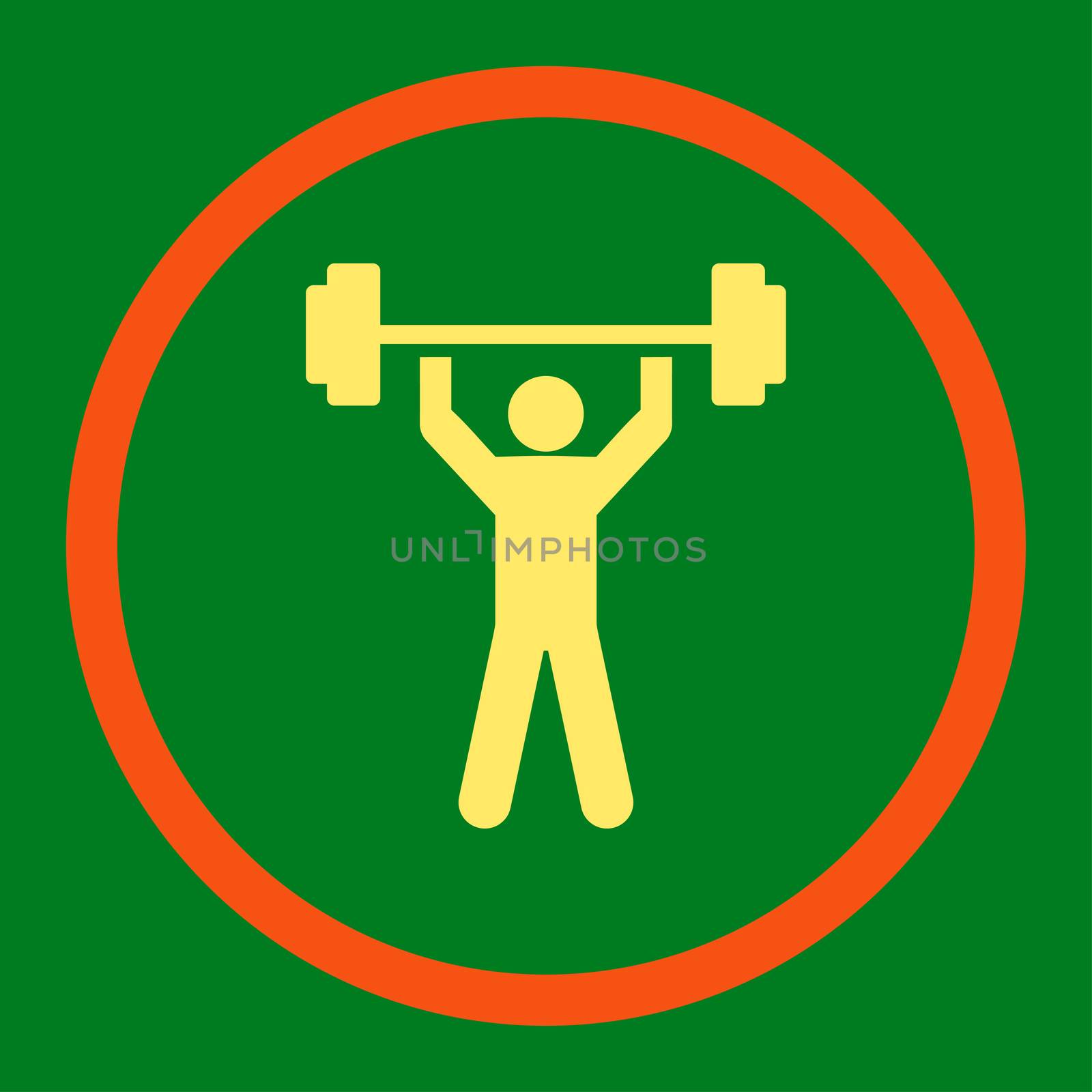 Power lifting icon. This rounded flat symbol is drawn with orange and yellow colors on a green background.