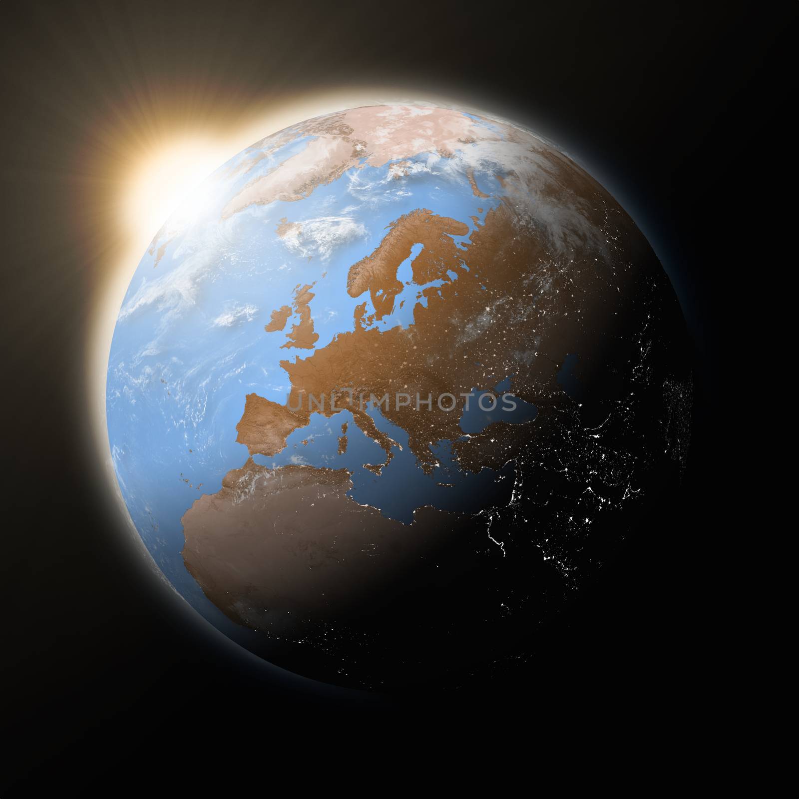 Sun over Europe on blue planet Earth isolated on black background. Elements of this image furnished by NASA.