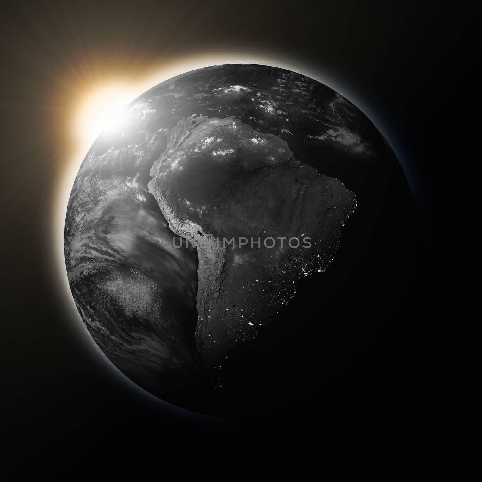 Sun over South America on dark planet Earth isolated on black background. Highly detailed planet surface. Elements of this image furnished by NASA.