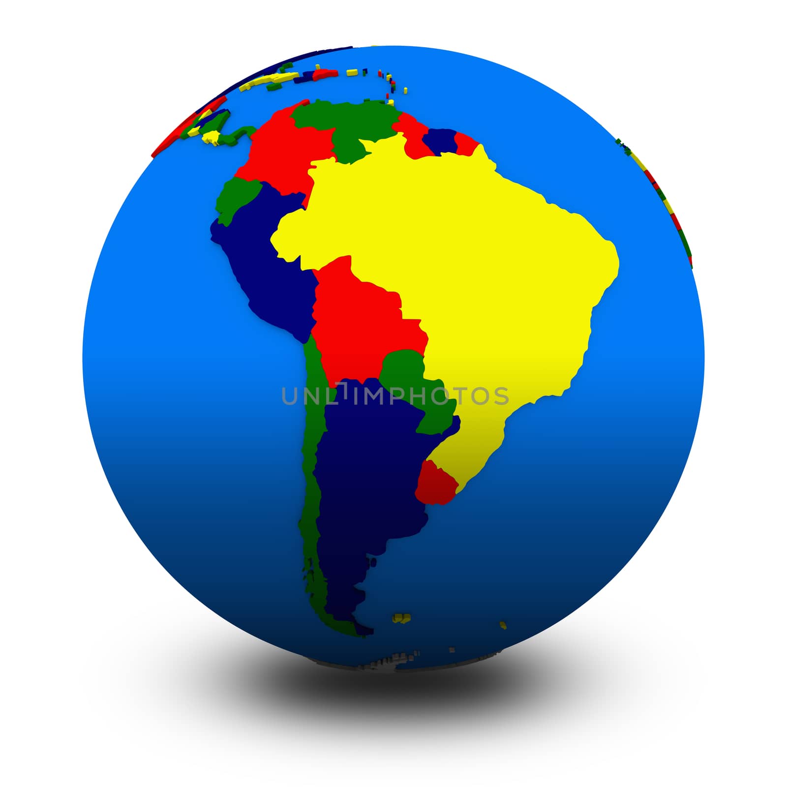 south America on political globe, illustration isolated on white background with shadow
