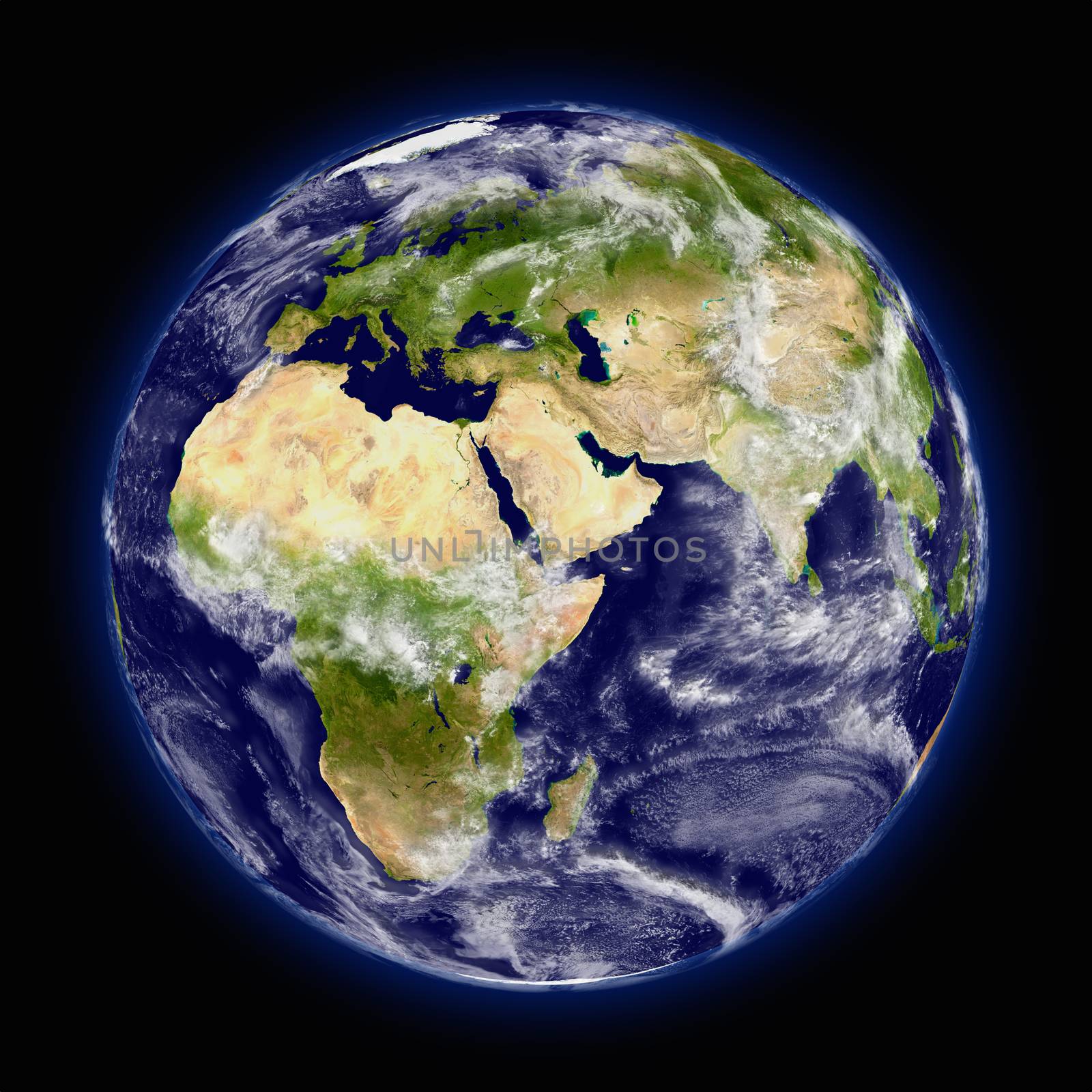 Realistic illustration of planet Earth as seen from space facing Africa, Europe and middle east region
