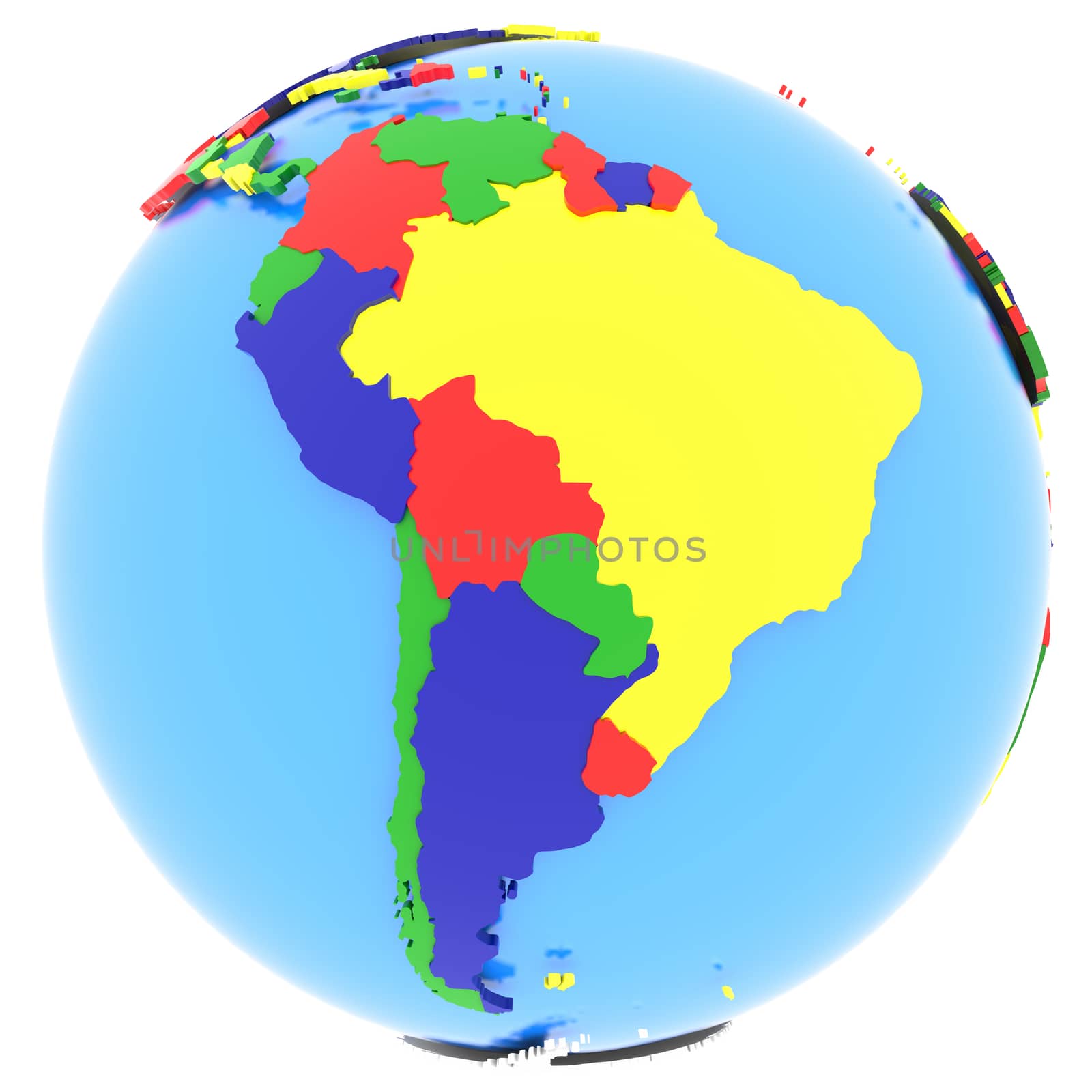 South America, political map of the world with countries in four colours, isolated on white background.