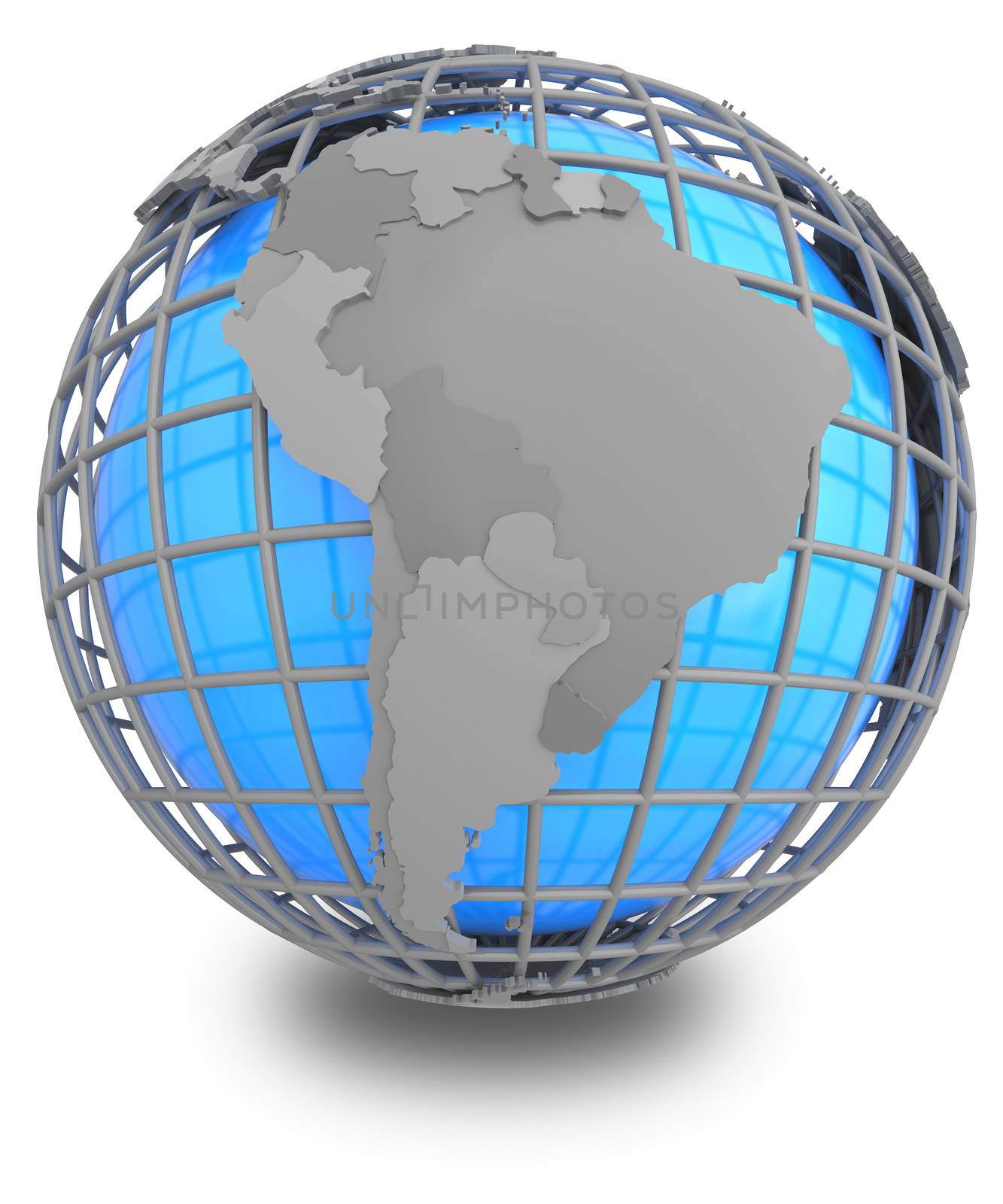 South America on a grey geographic net enveloping Earth, isolated on white background.