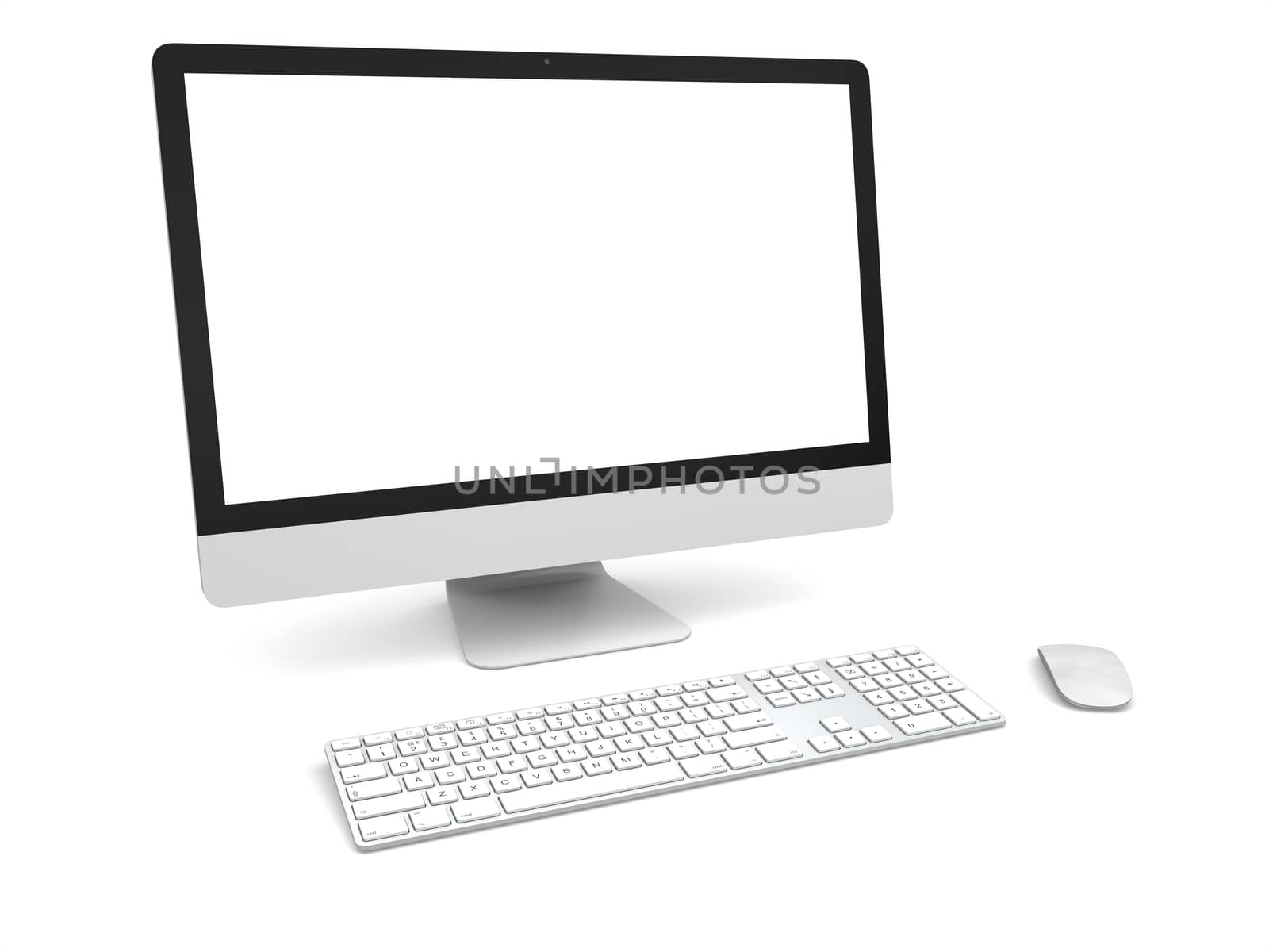 Modern desktop computer with white blank screen isolated on white background